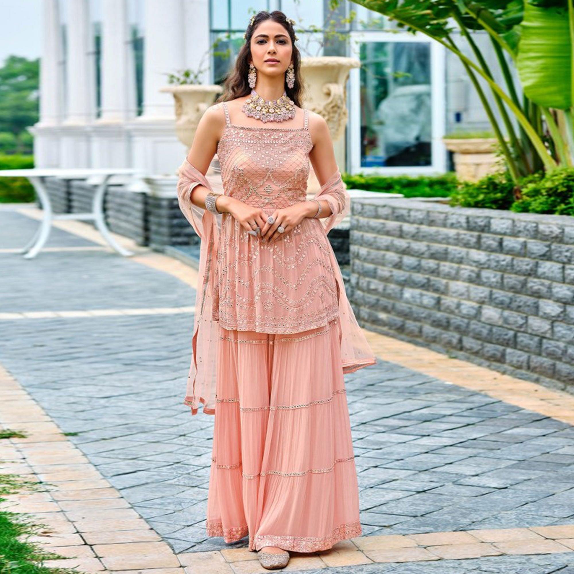 Peach Embroidered Georgette Sharara Suit - Peachmode