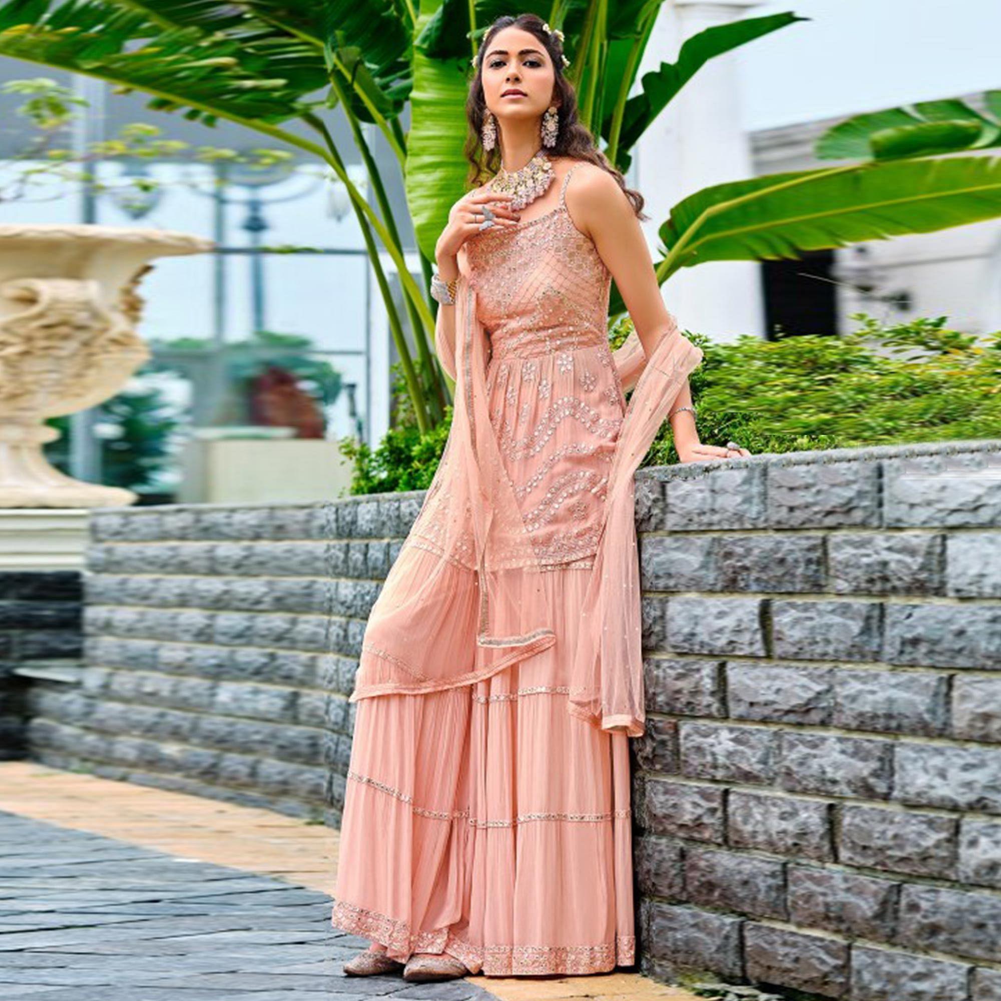 Peach Embroidered Georgette Sharara Suit - Peachmode