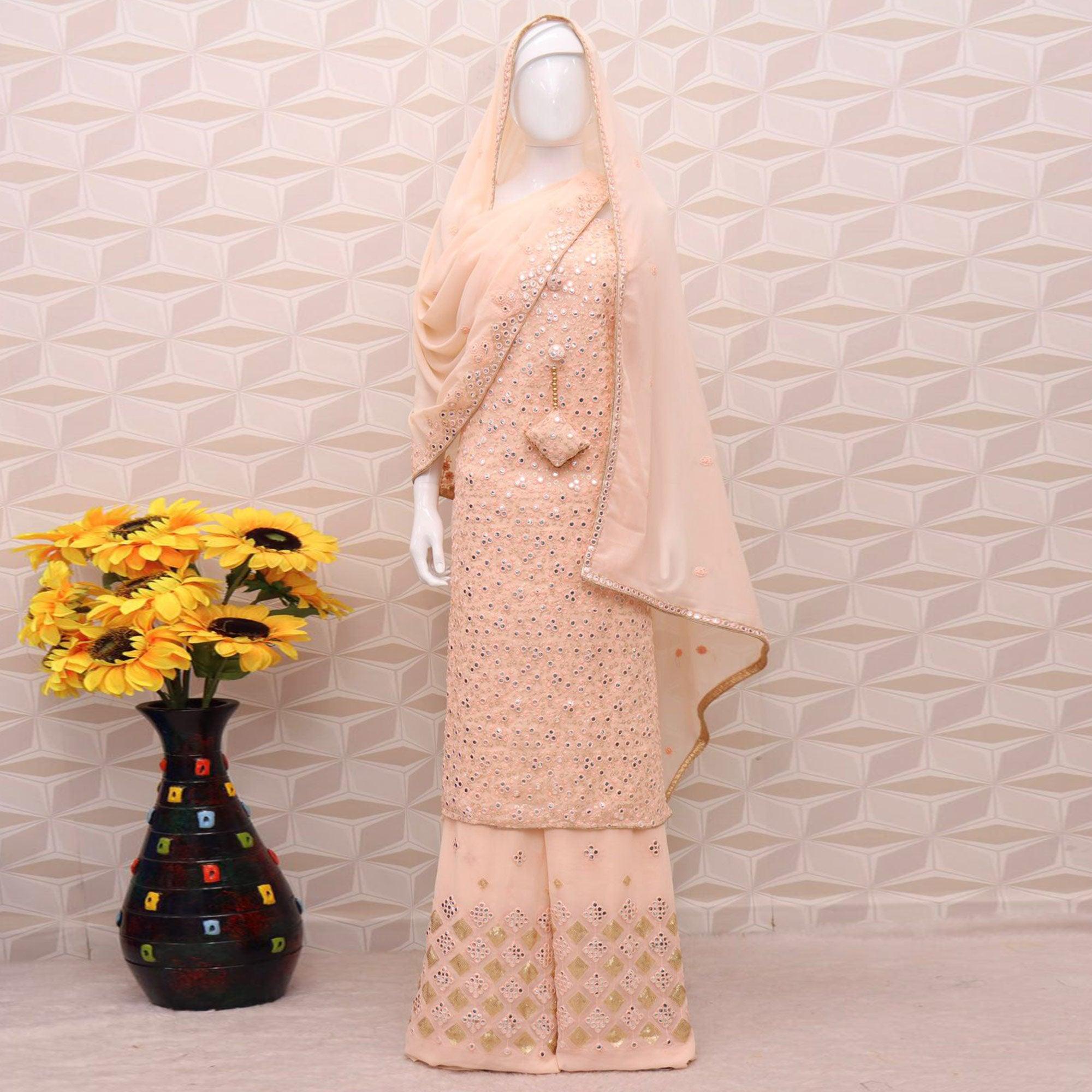 Peach Embroidered Georgette Sharara Suit - Peachmode