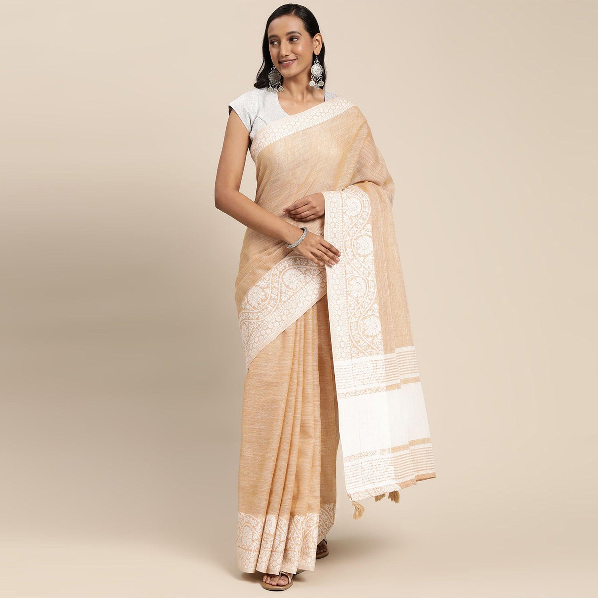Peach Embroidered Linen Saree with Tassels - Peachmode