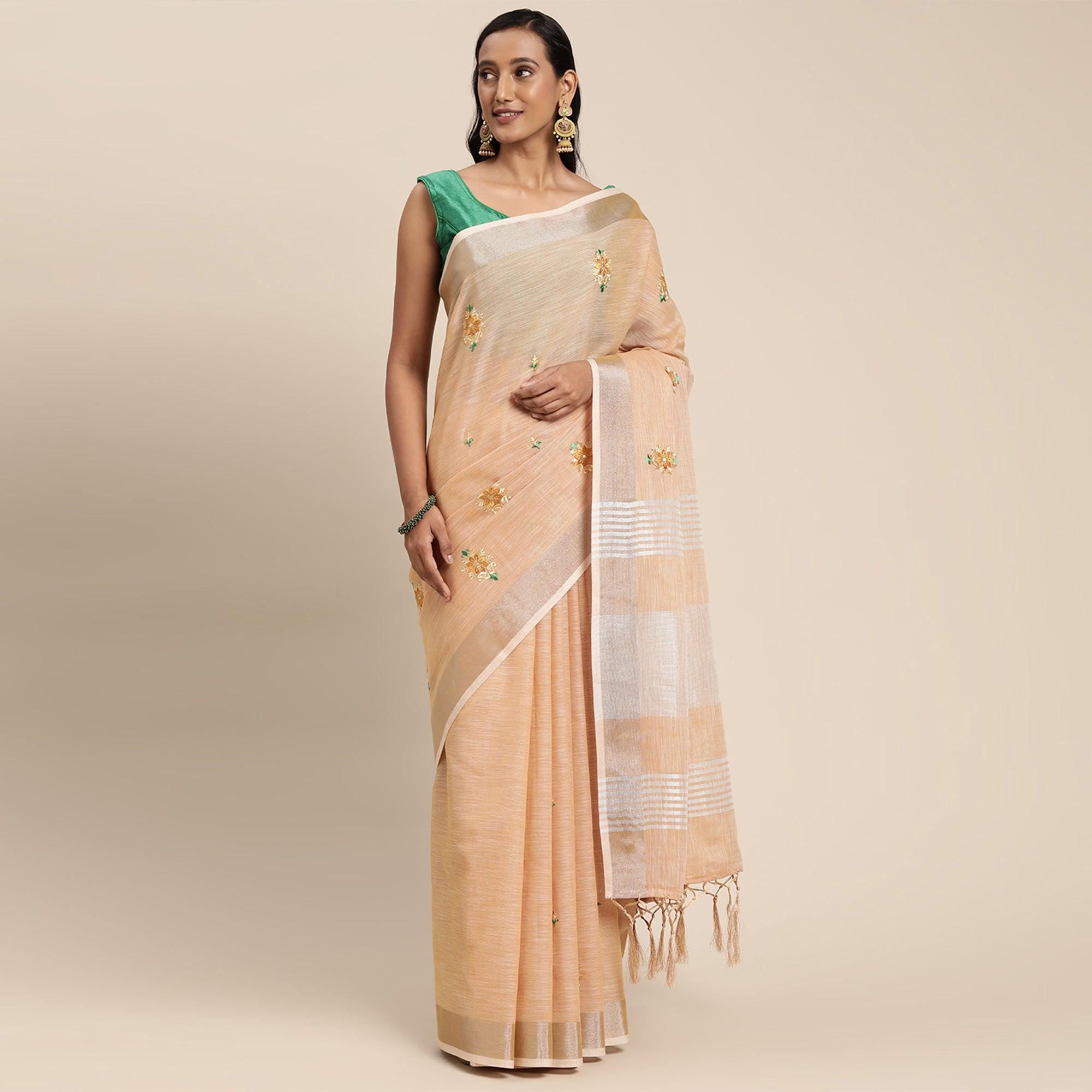 Peach Embroidered Linen Saree With Tassels - Peachmode