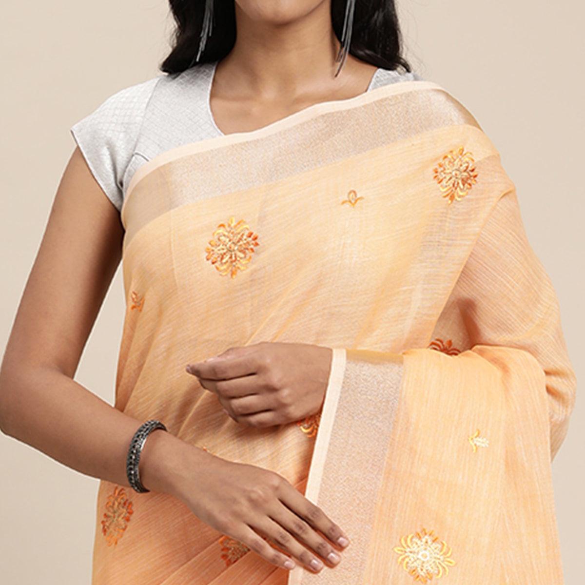 Peach Embroidered Linen Saree with Tassels - Peachmode