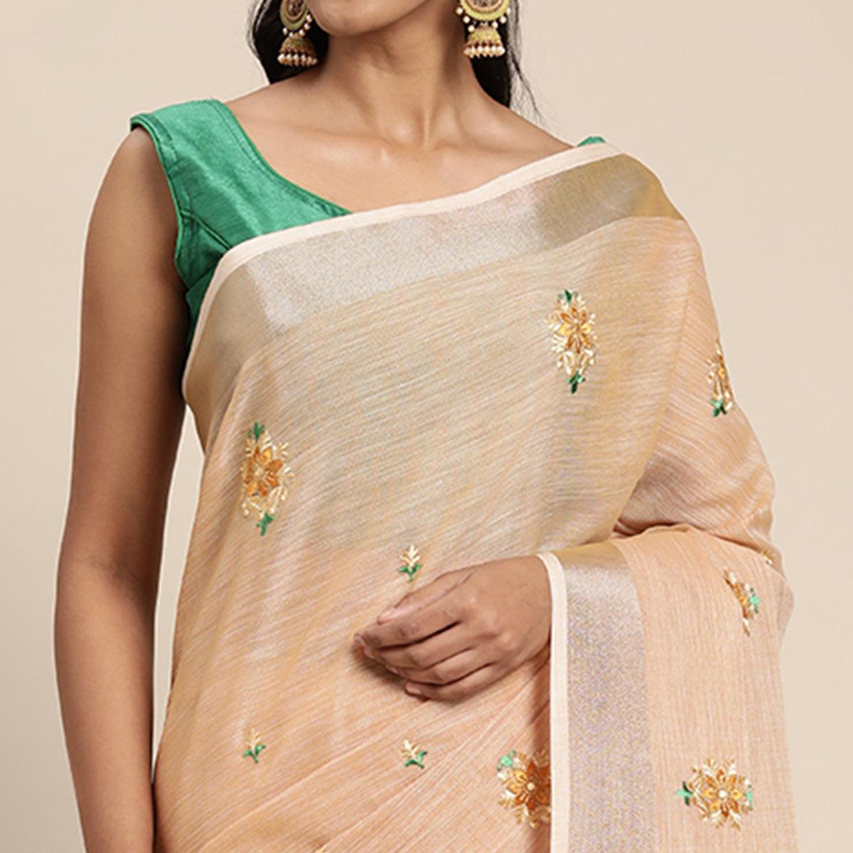 Peach Embroidered Linen Saree With Tassels - Peachmode