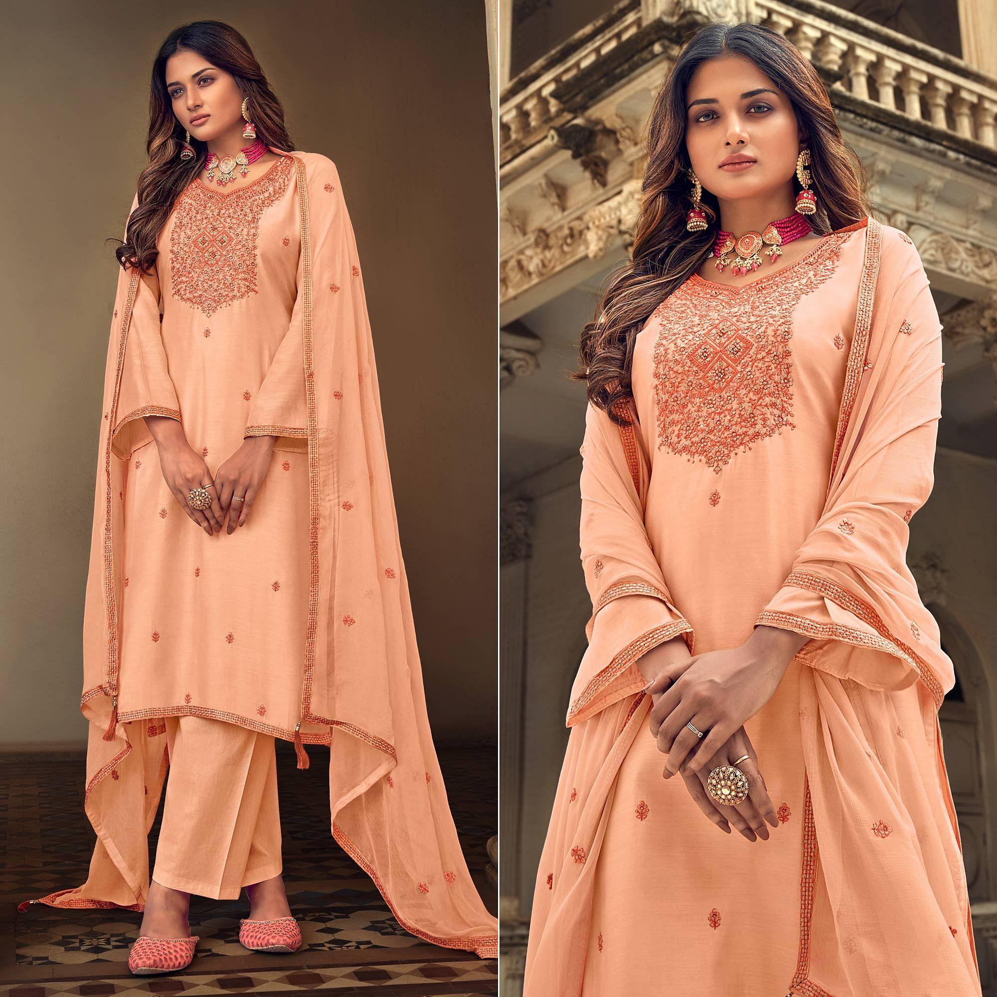 Peach Embroidered Muslin Suit - Peachmode