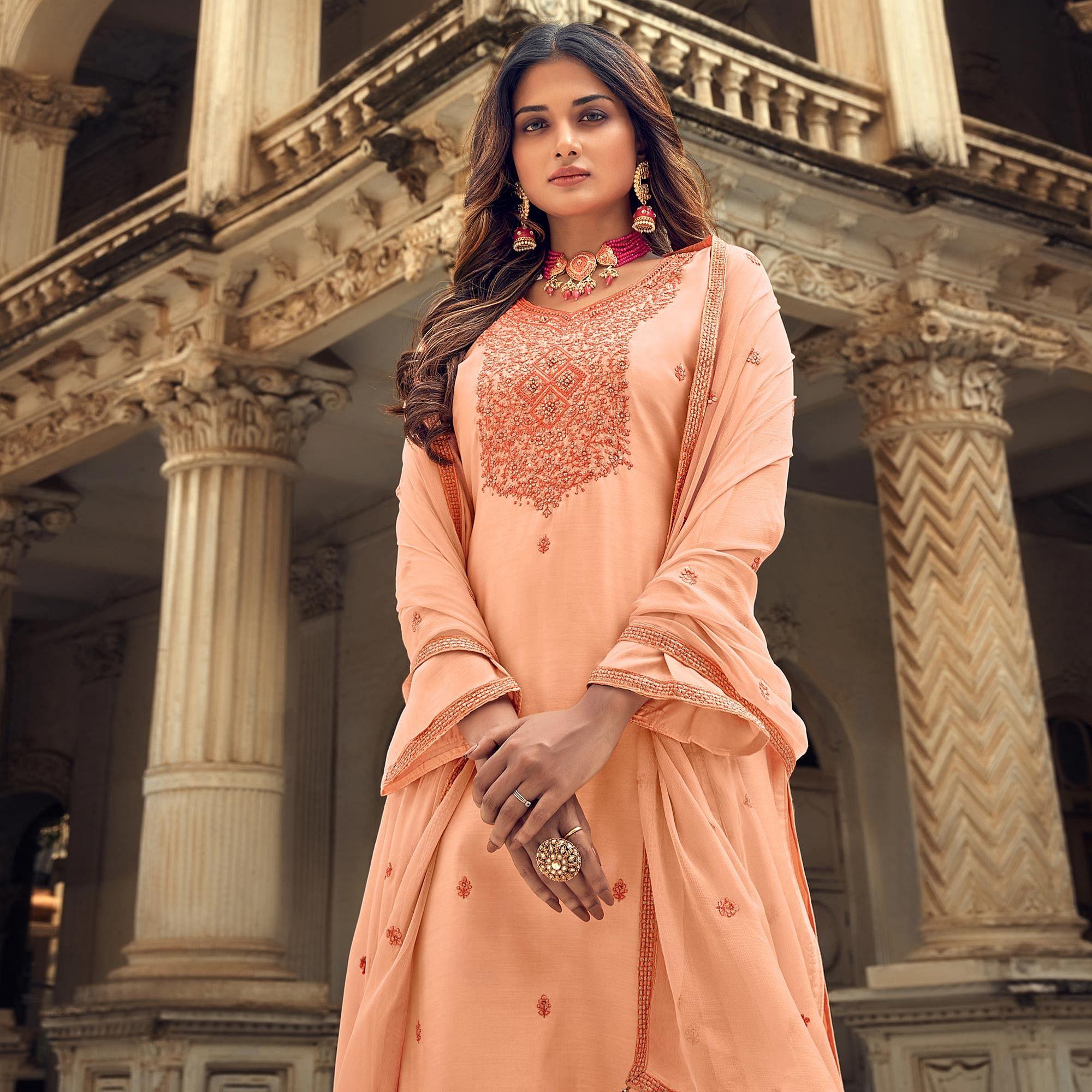 Peach Embroidered Muslin Suit - Peachmode