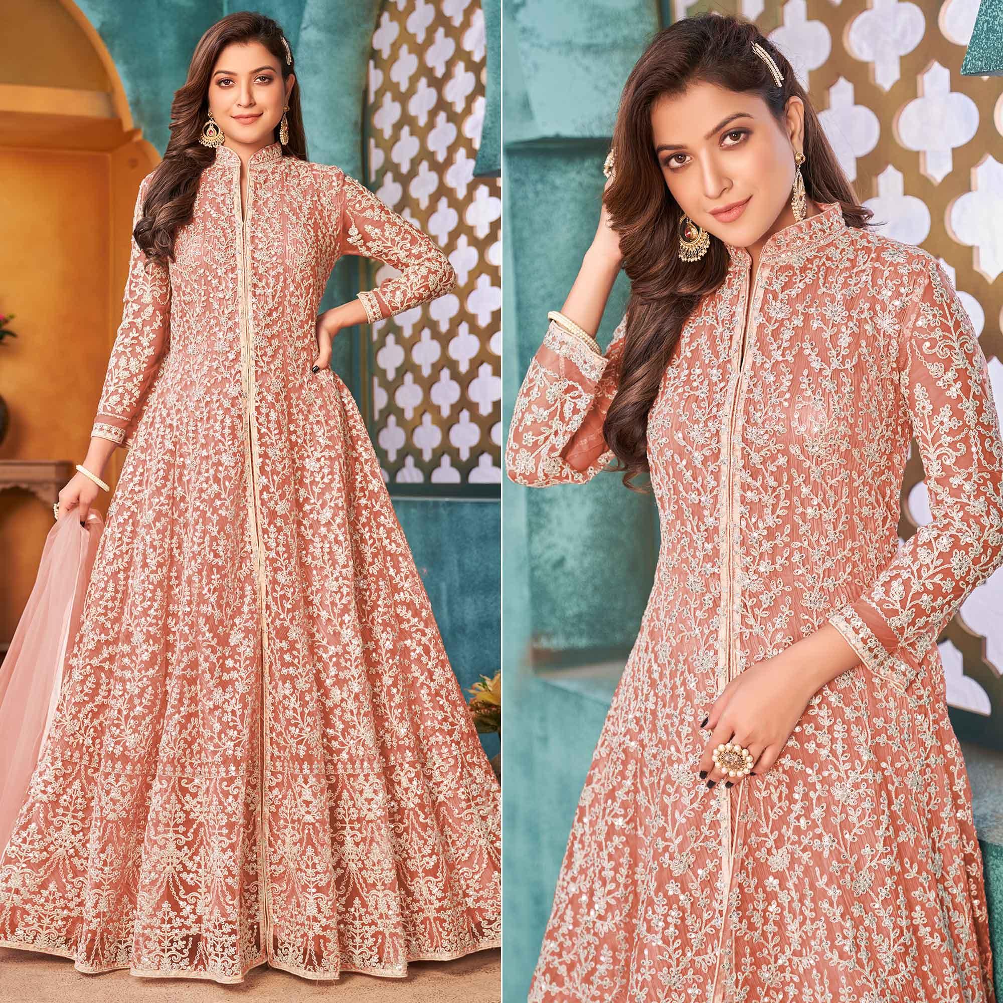 Peach Embroidered Netted Anarkali Style Gown - Peachmode