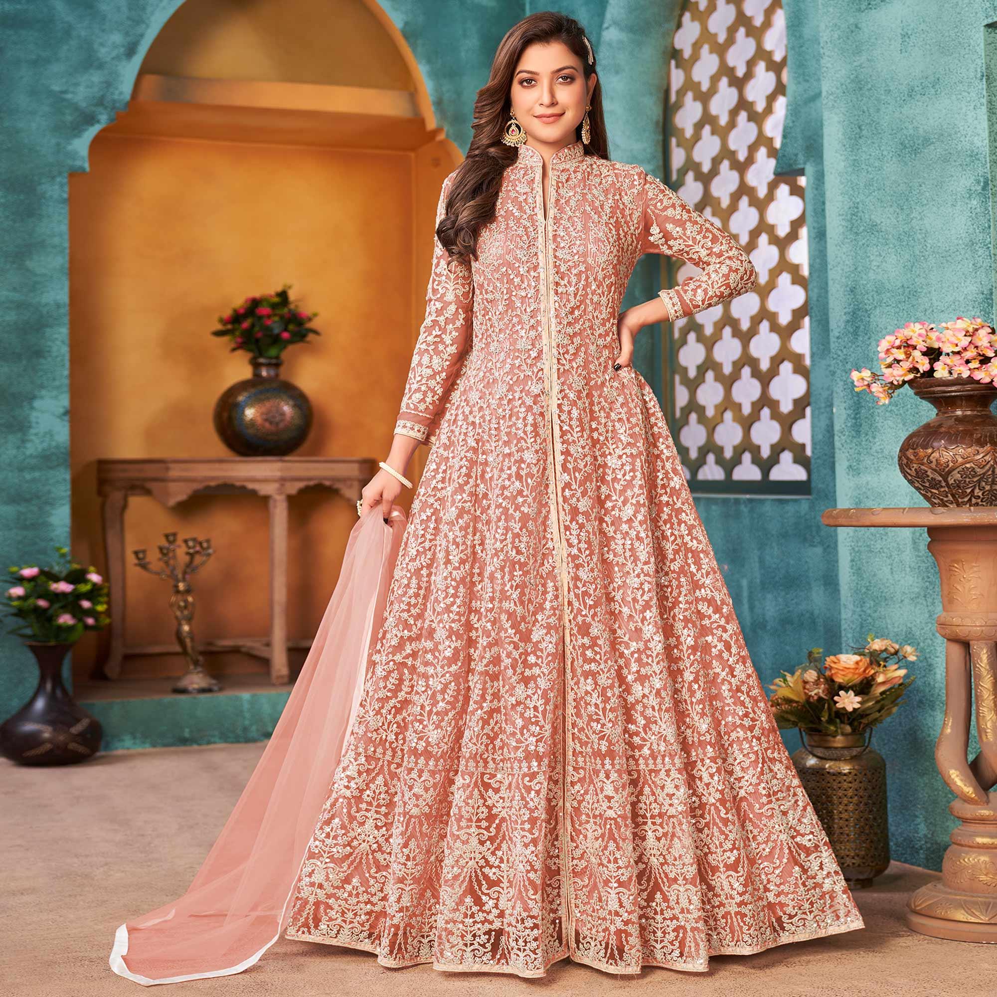 Peach Embroidered Netted Anarkali Style Gown - Peachmode