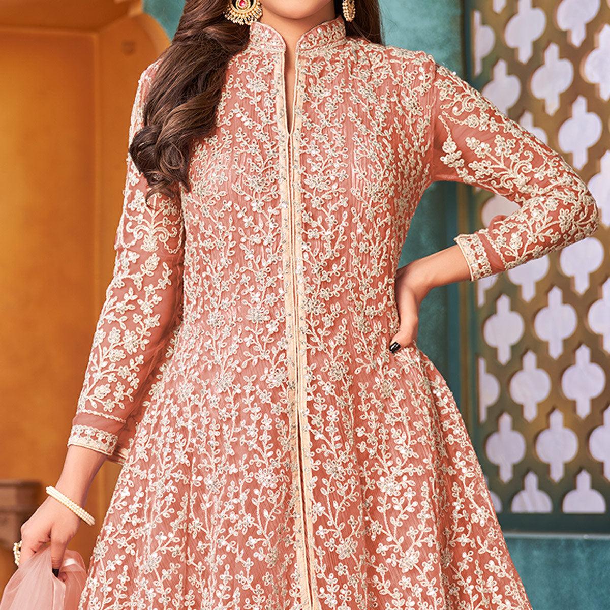 Peach Embroidered Netted Anarkali Style Gown - Peachmode