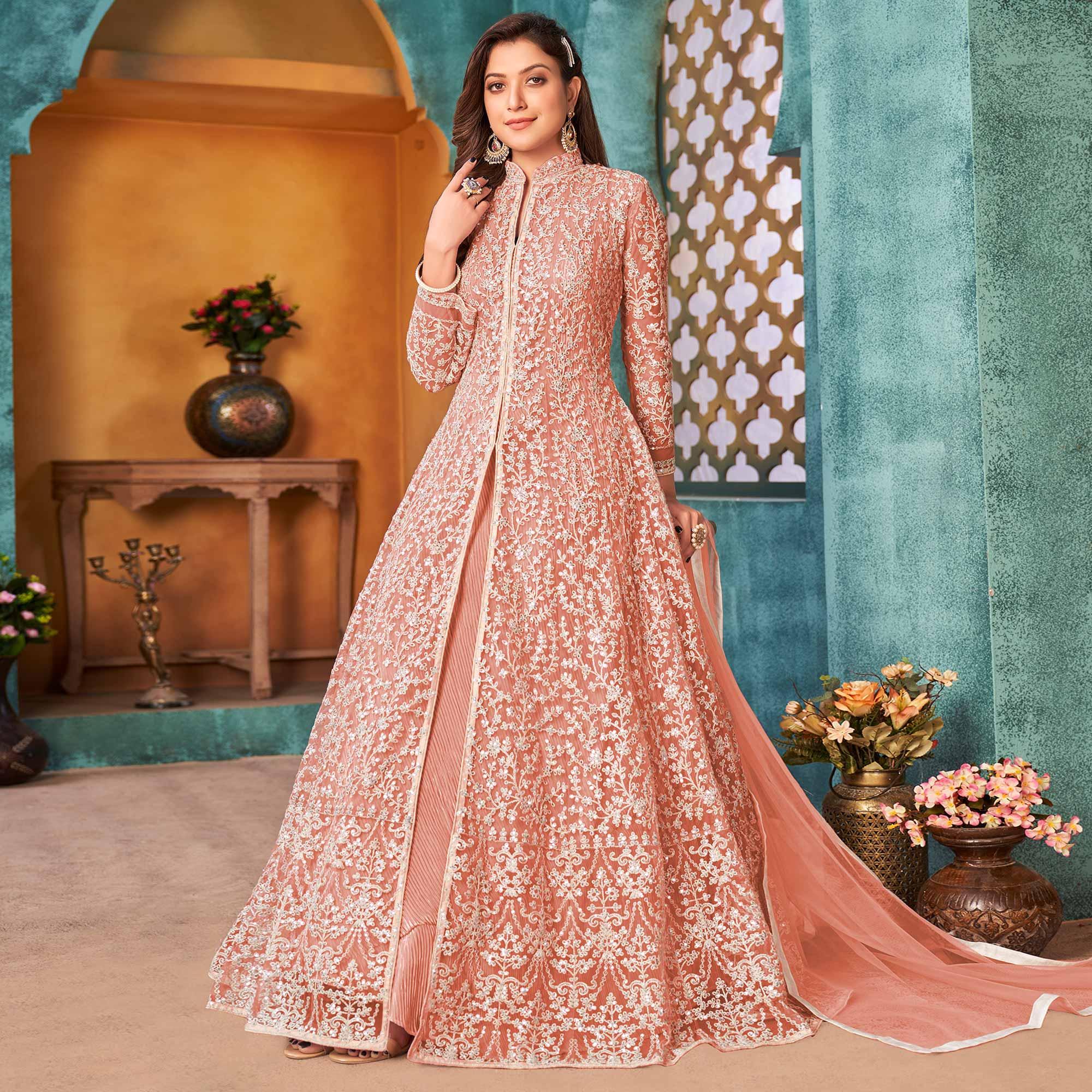 Peach Embroidered Netted Anarkali Style Gown - Peachmode