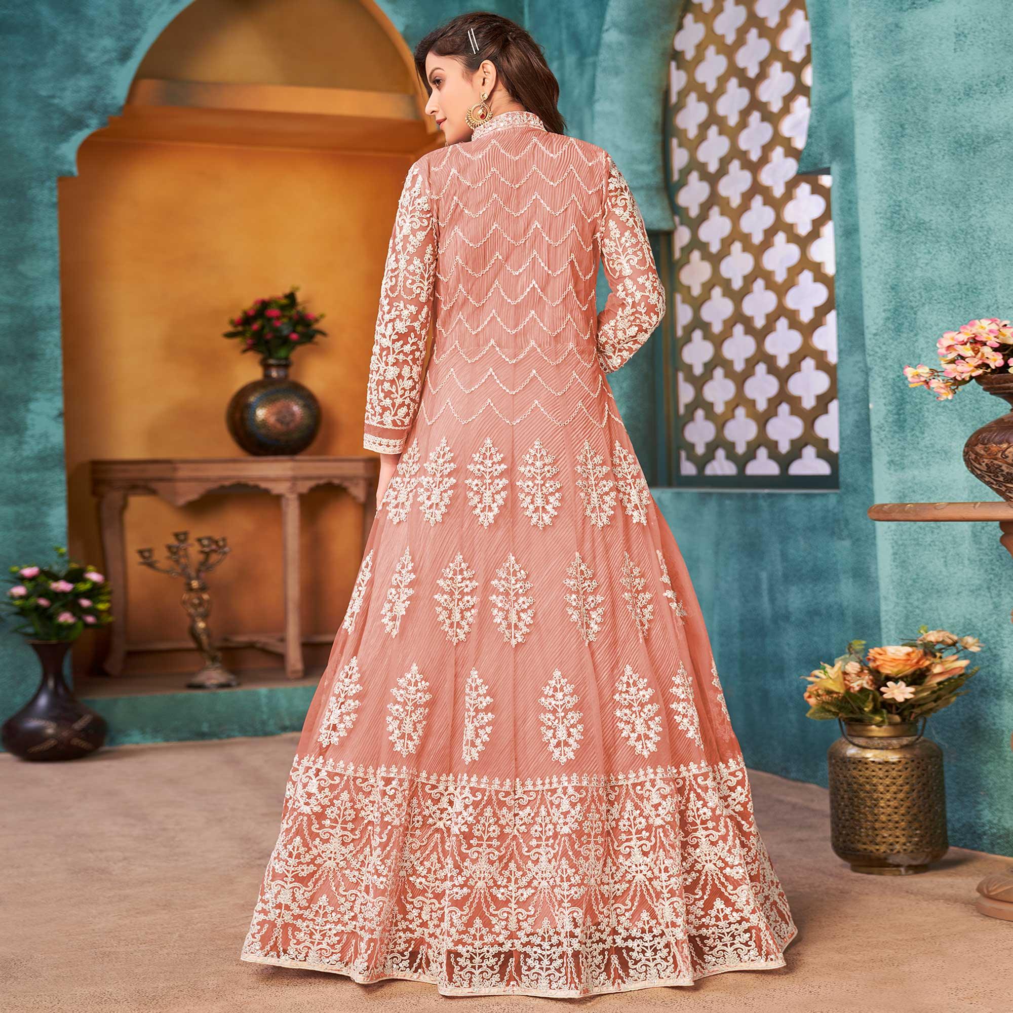 Peach Embroidered Netted Anarkali Style Gown - Peachmode