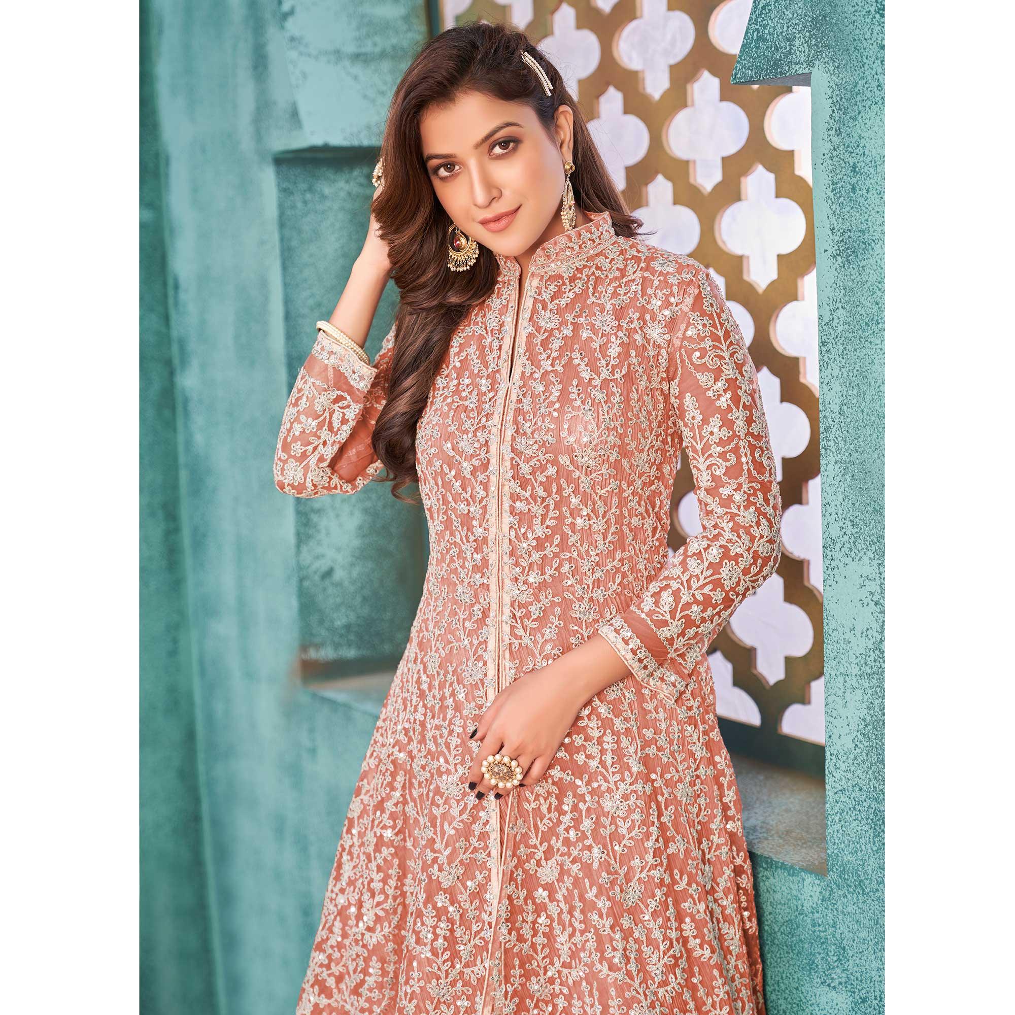 Peach Embroidered Netted Anarkali Style Gown - Peachmode