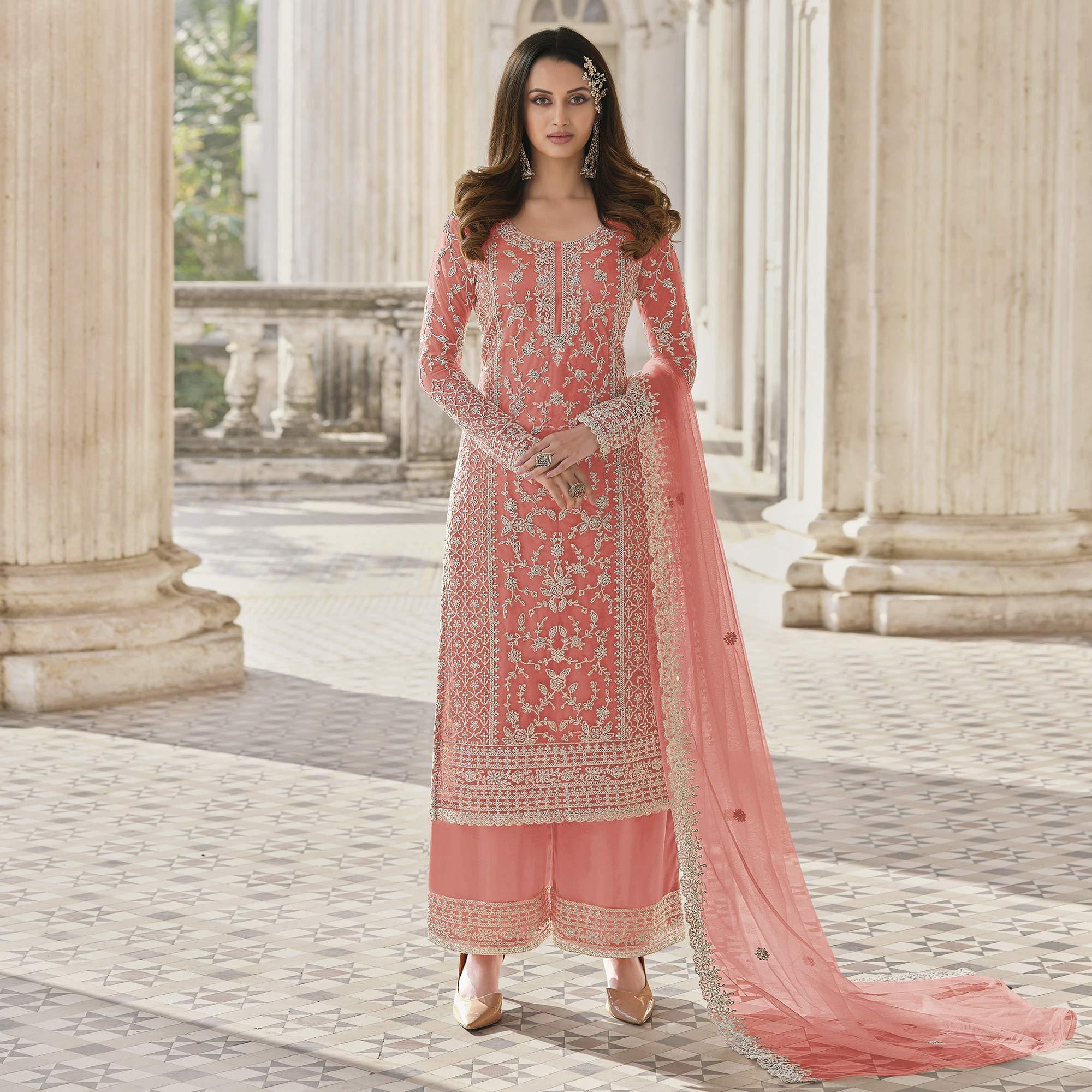 Peach Embroidered Netted Palazzo Suit - Peachmode