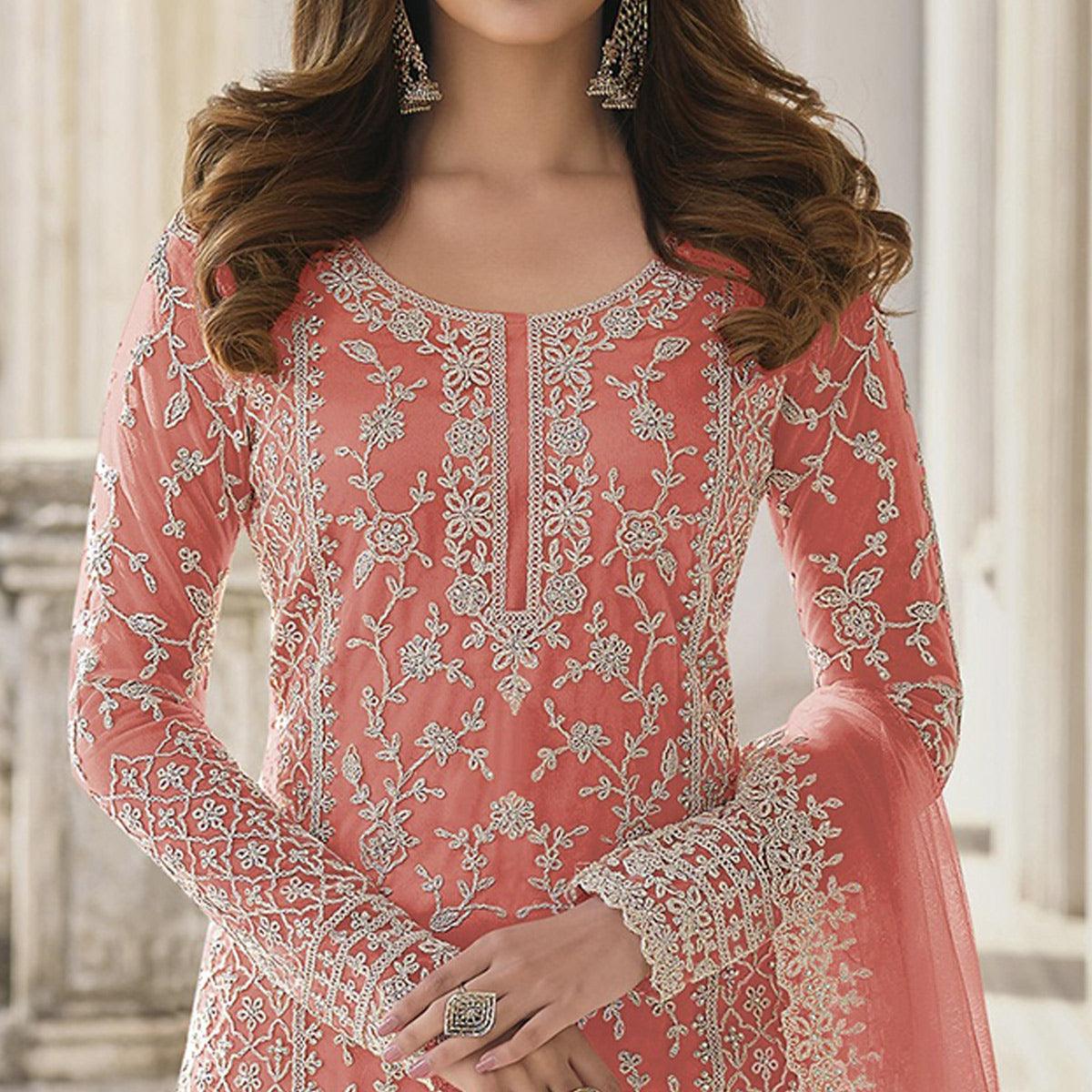 Peach Embroidered Netted Palazzo Suit - Peachmode