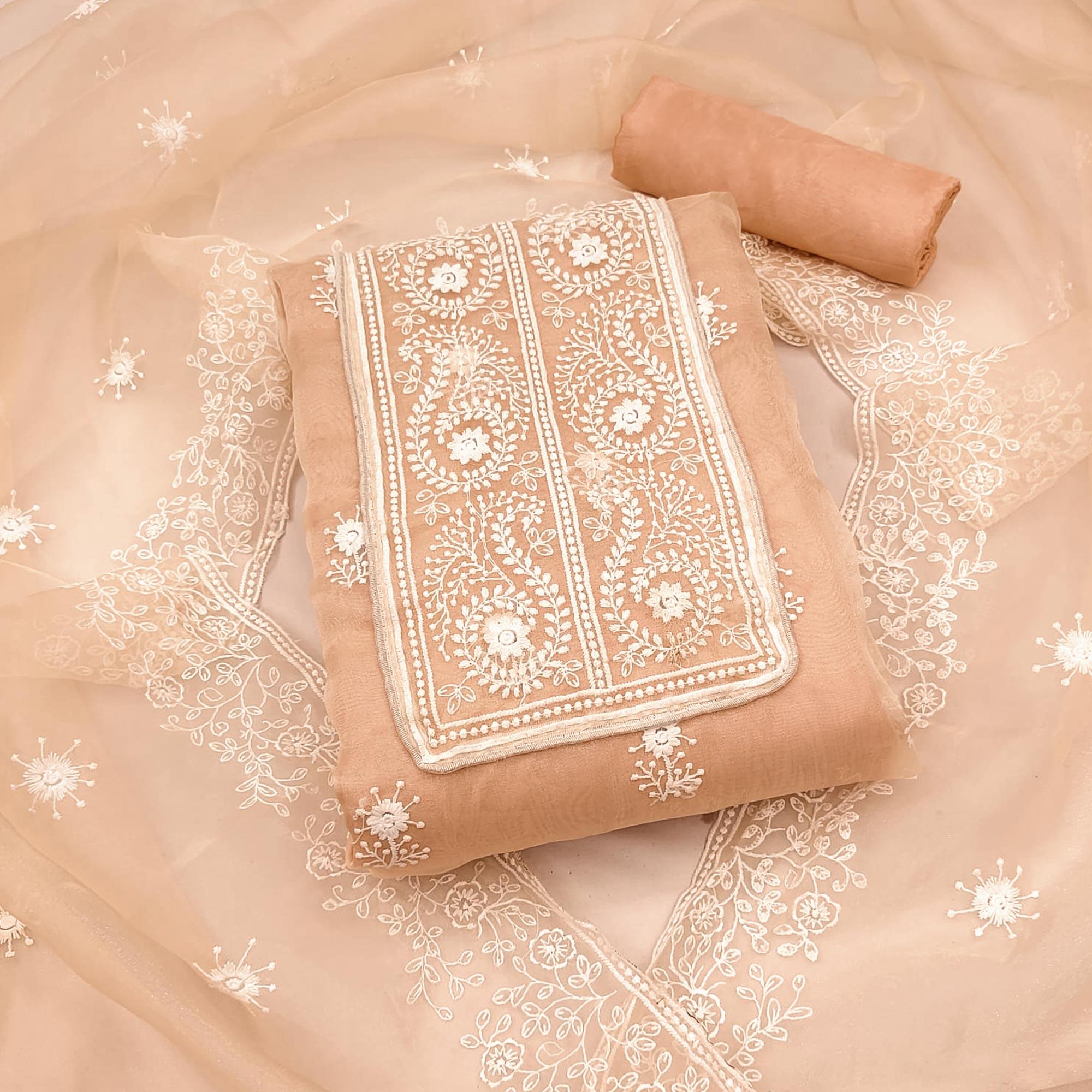 Peach Embroidered Organza Dress Material - Peachmode