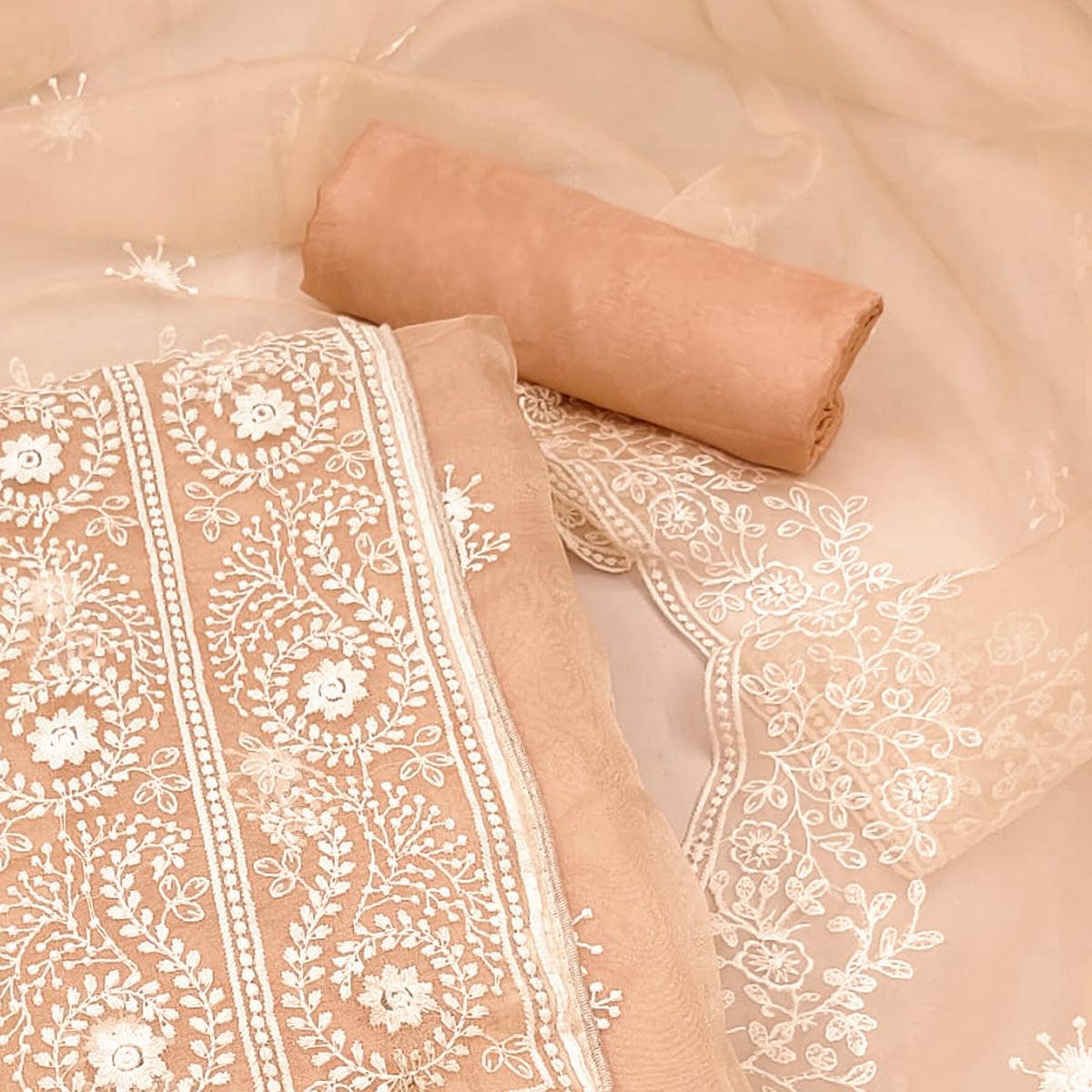 Peach Embroidered Organza Dress Material - Peachmode
