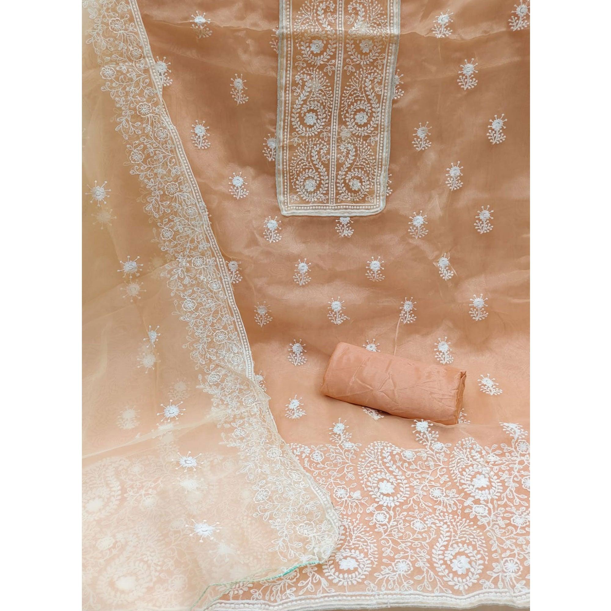 Peach Embroidered Organza Dress Material - Peachmode