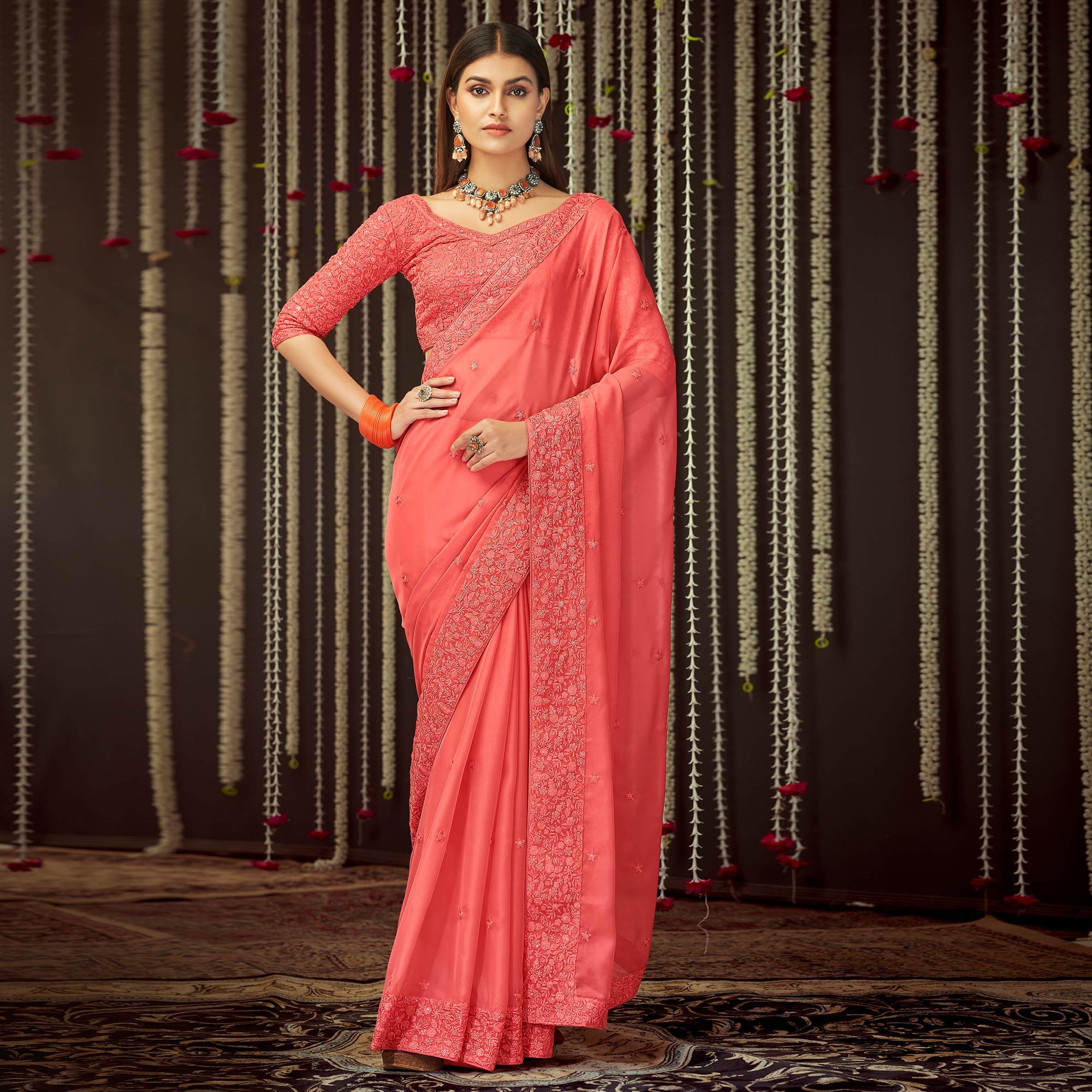 Peach Embroidered Organza Saree - Peachmode