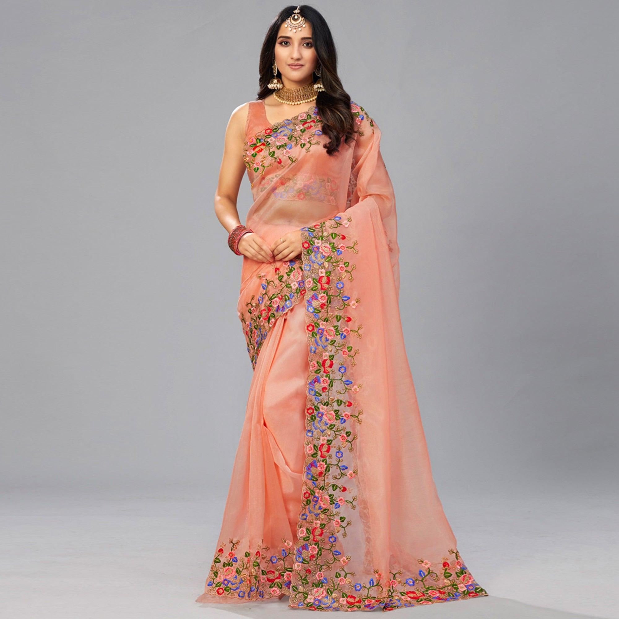 Peach Embroidered Organza Saree - Peachmode