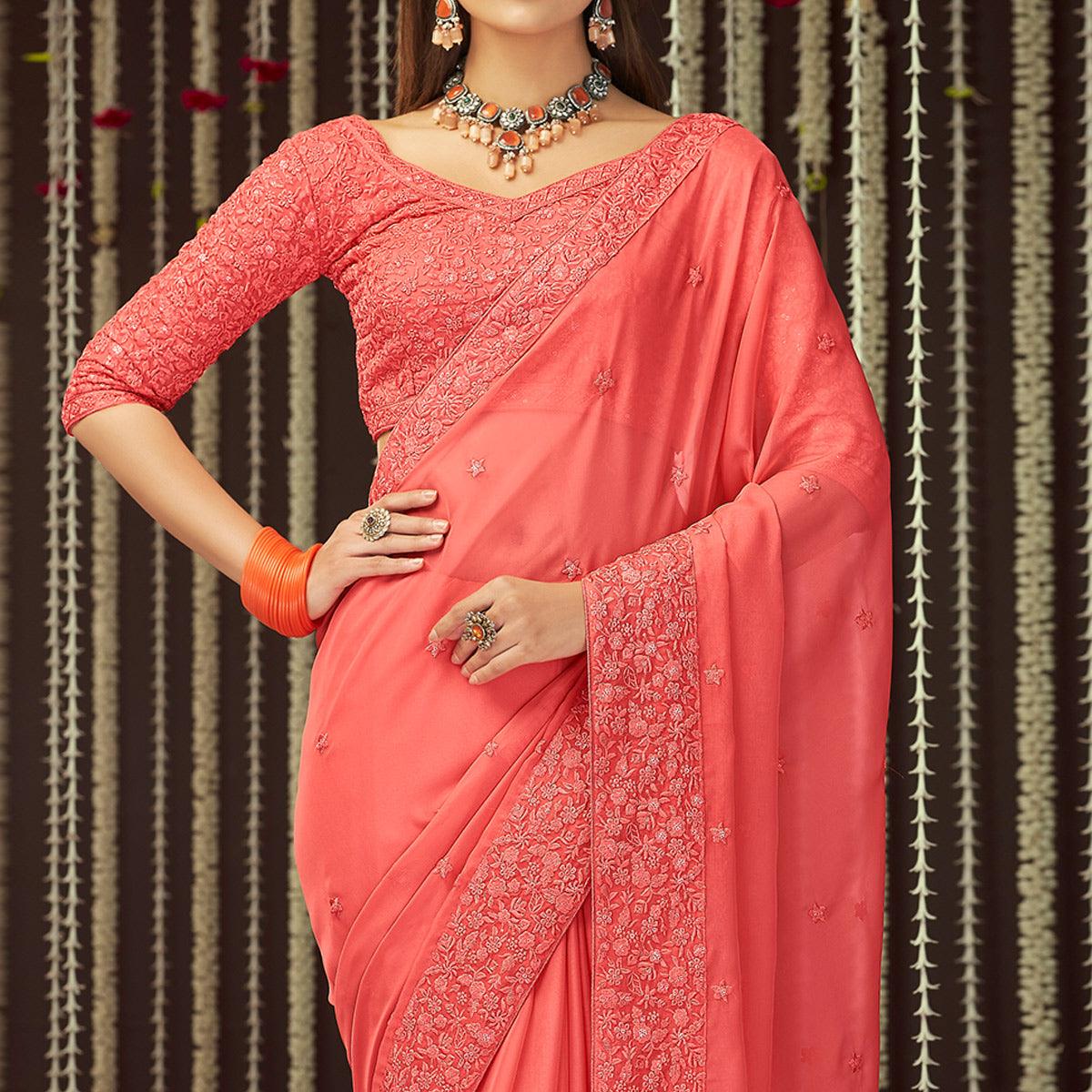 Peach Embroidered Organza Saree - Peachmode