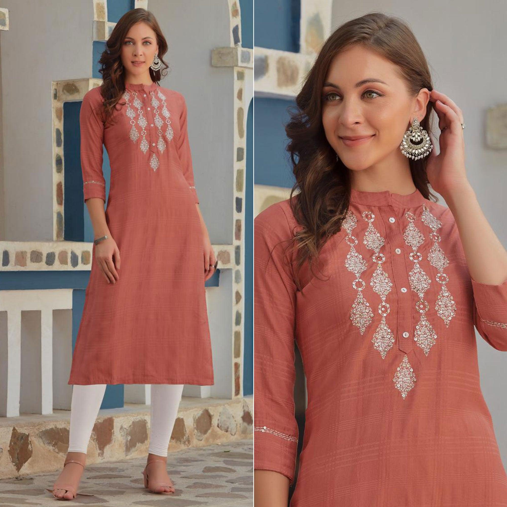 Peach Embroidered Poly Cotton Kurti - Peachmode