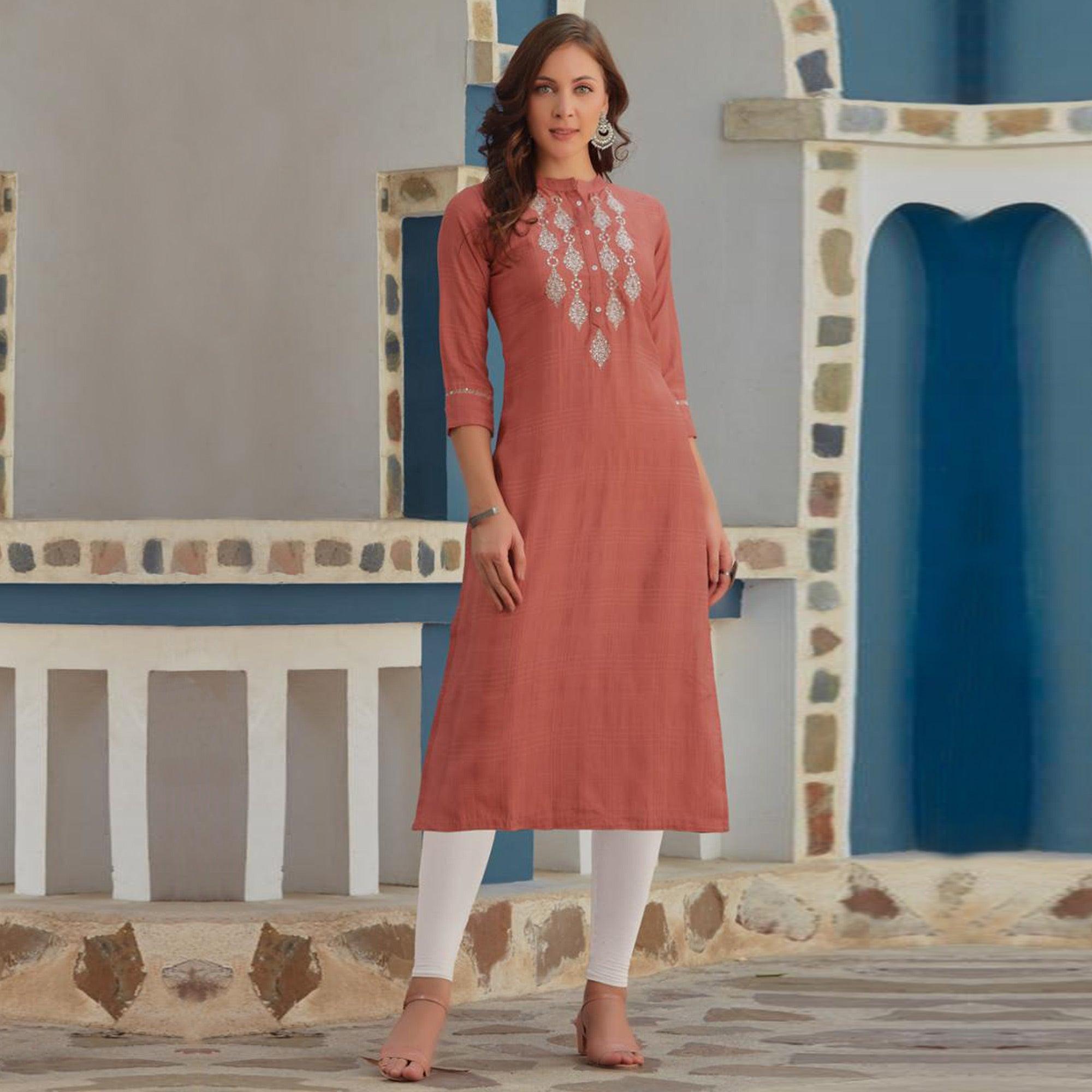 Peach Embroidered Poly Cotton Kurti - Peachmode