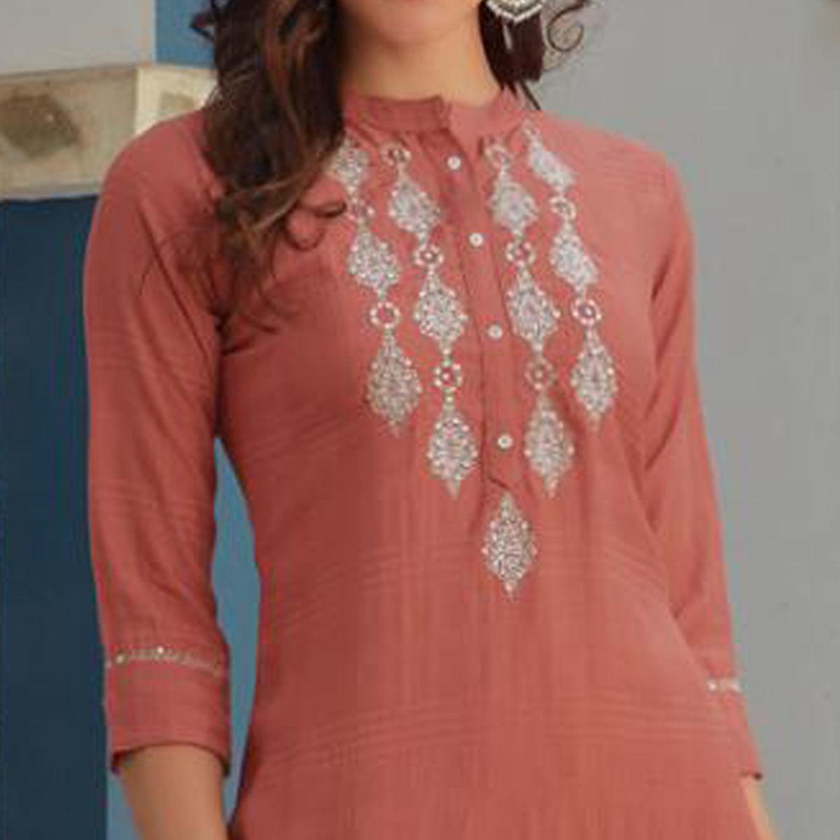 Peach Embroidered Poly Cotton Kurti - Peachmode