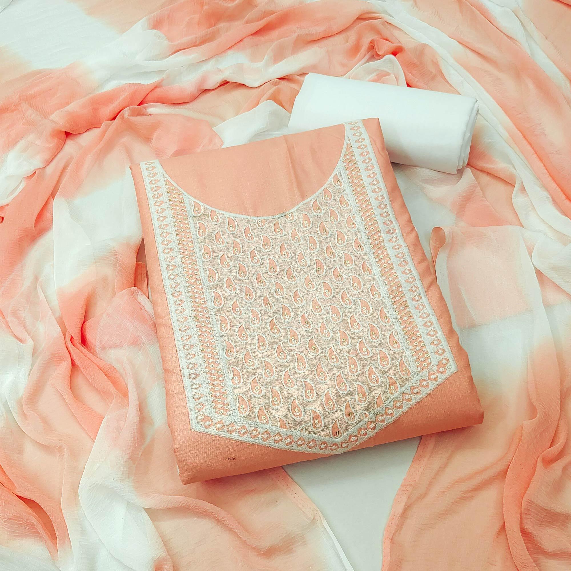 Peach Embroidered Pure Cotton Dress Material - Peachmode