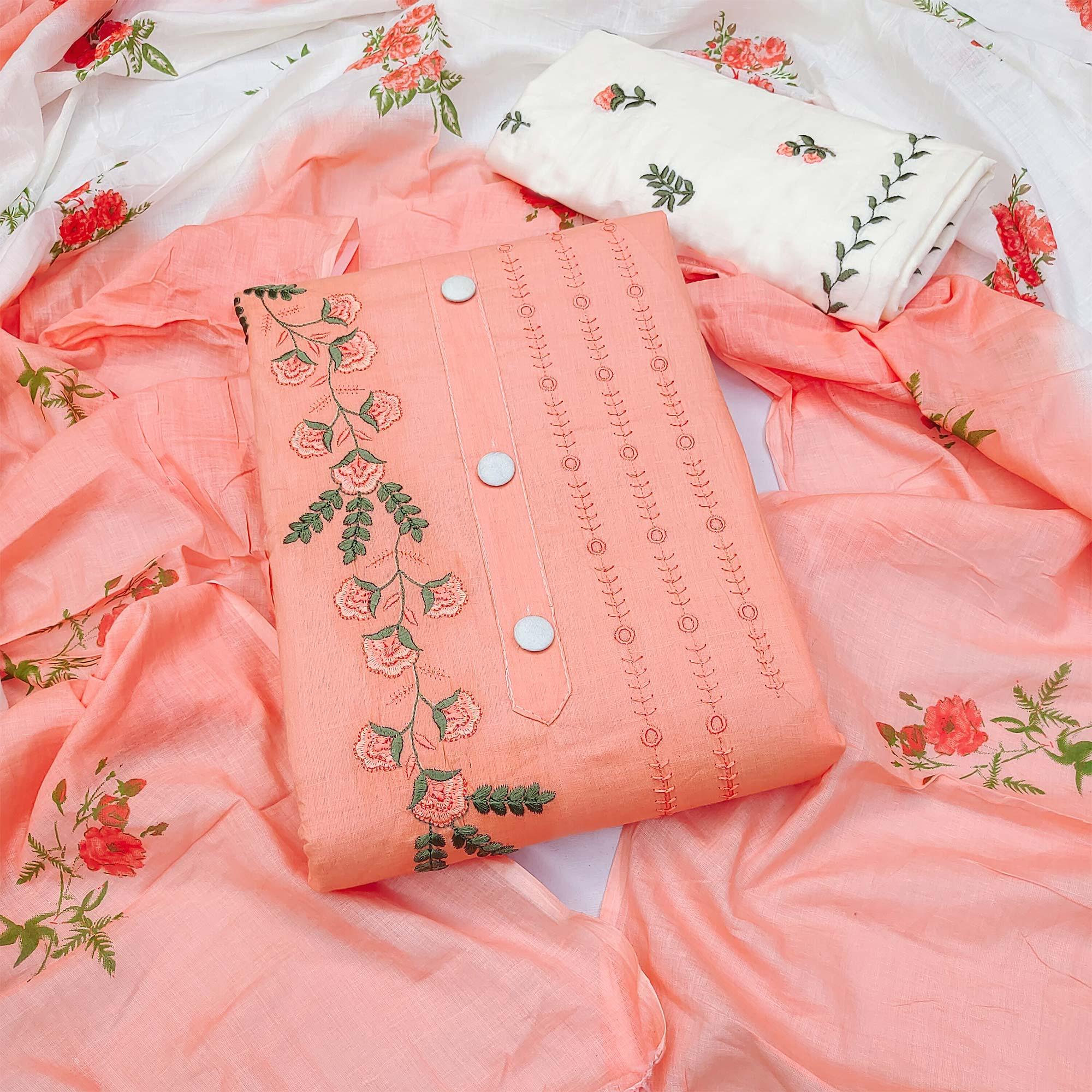 Peach Embroidered Pure Cotton Dress Material - Peachmode