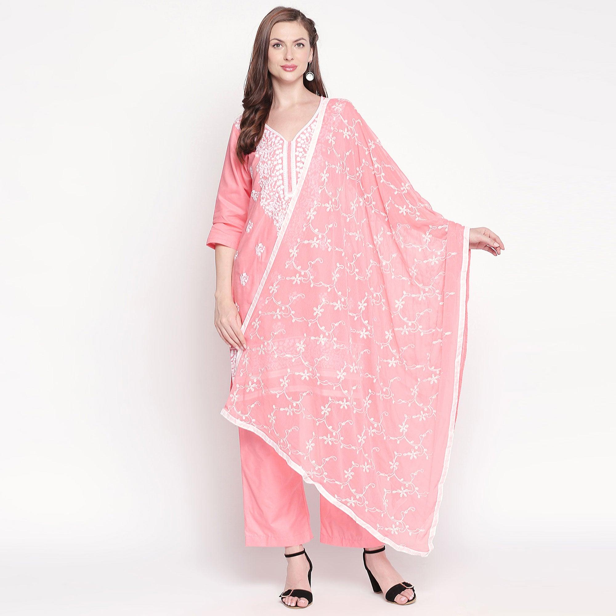 Peach Embroidered Pure Cotton Dress Material - Peachmode
