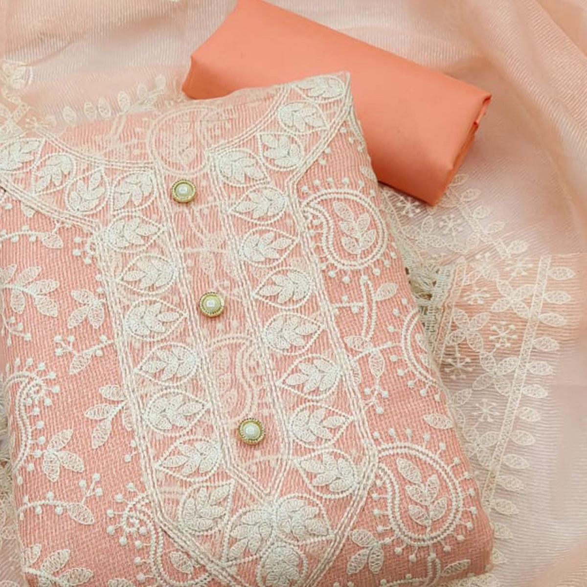 Peach Embroidered Pure Cotton Dress Material - Peachmode