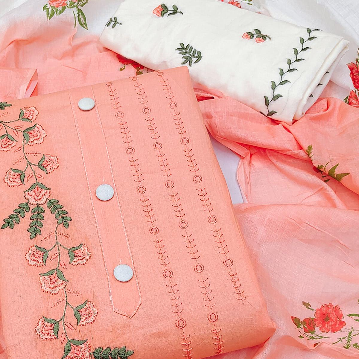 Peach Embroidered Pure Cotton Dress Material - Peachmode
