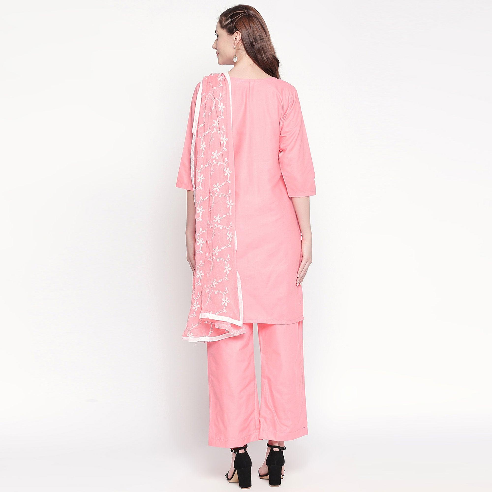Peach Embroidered Pure Cotton Dress Material - Peachmode