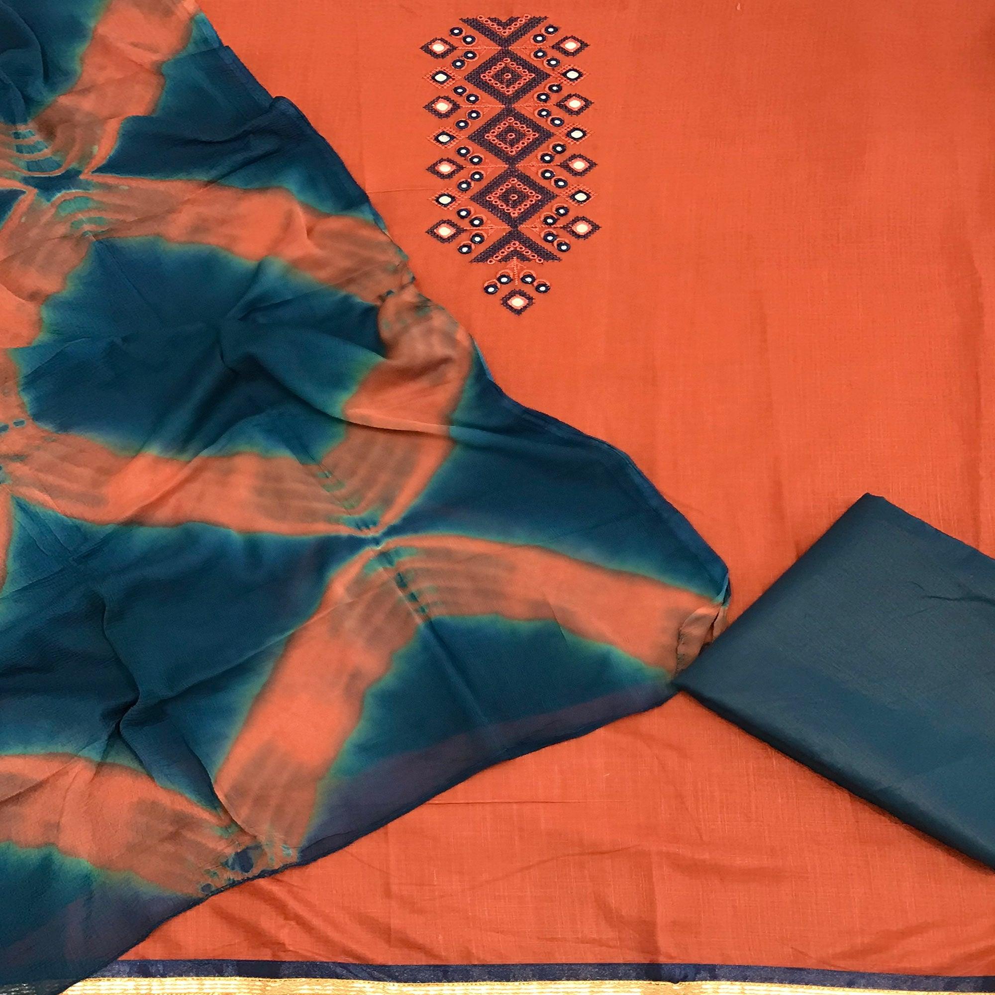 Peach Embroidered Pure Cotton Dress Material - Peachmode