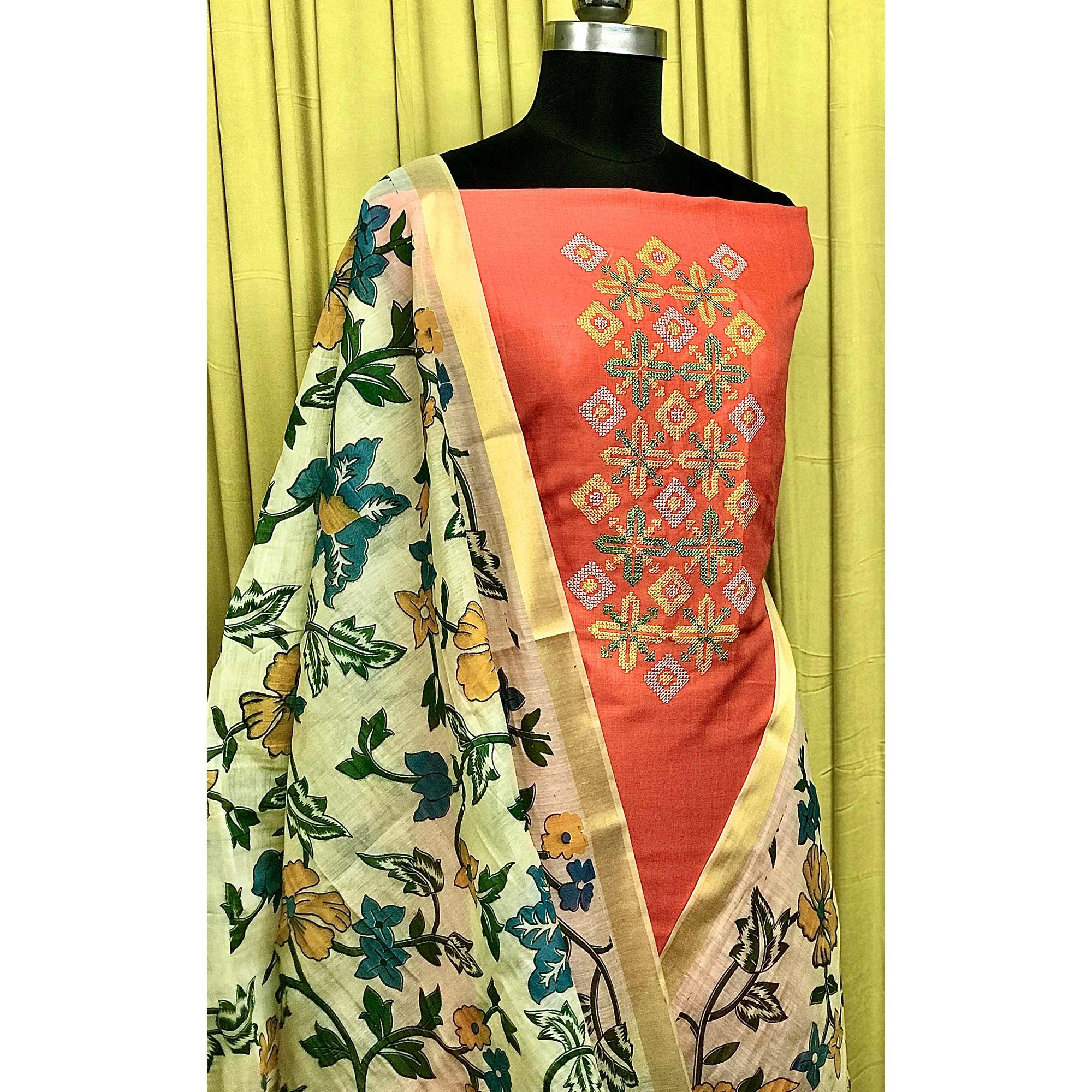 Peach Embroidered Pure Cotton Dress Material - Peachmode