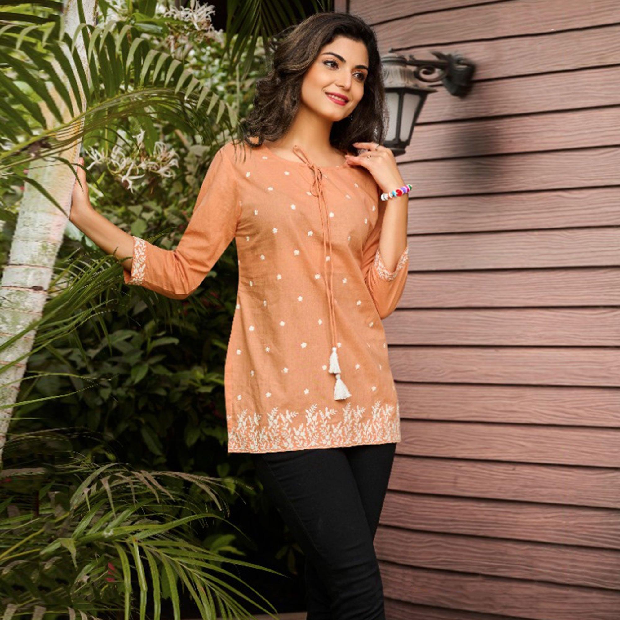 Peach Embroidered Pure Cotton Top - Peachmode