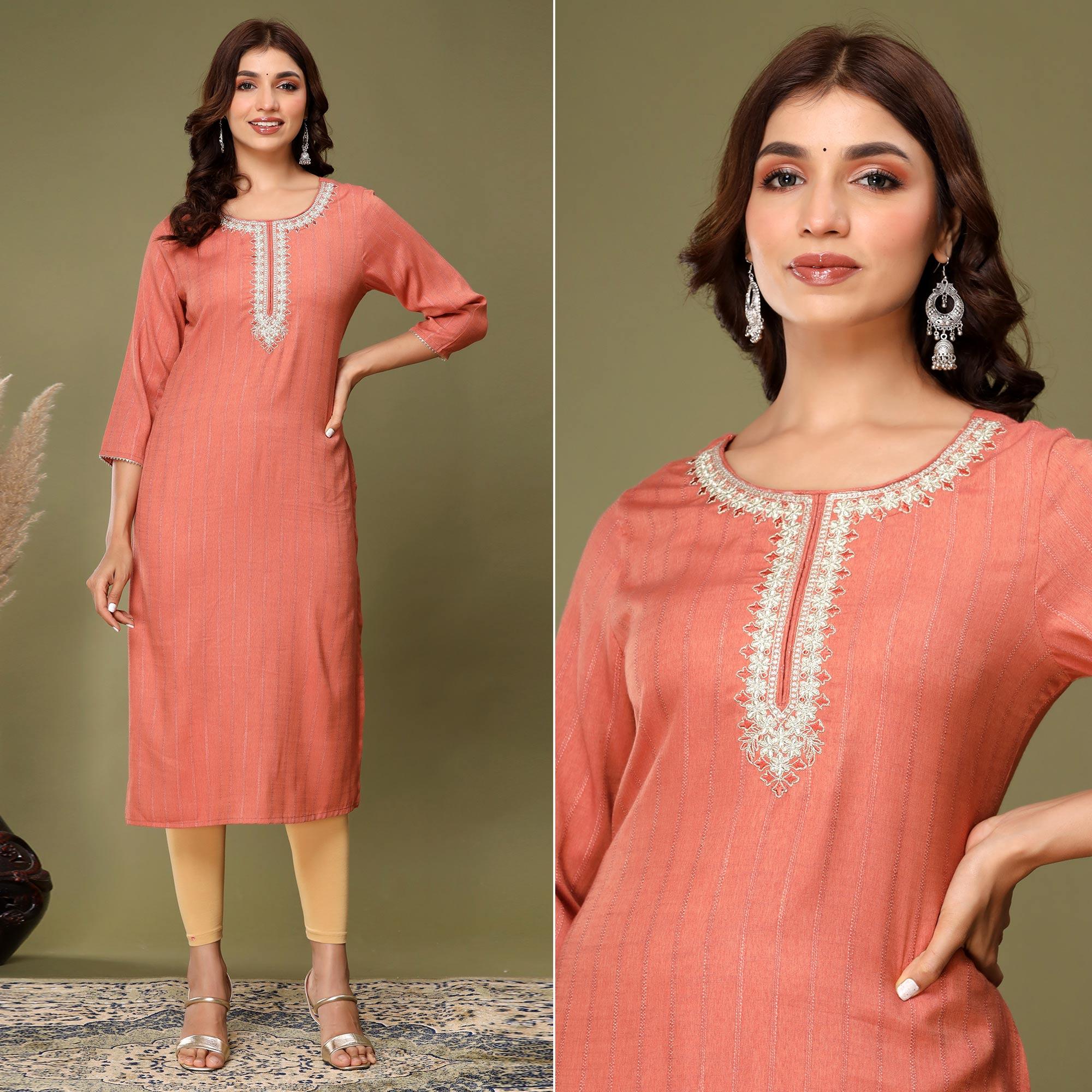 Peach Embroidered Rayon Kurti - Peachmode