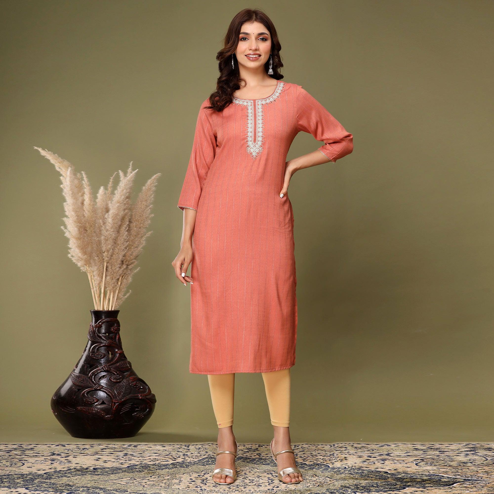 Peach Embroidered Rayon Kurti - Peachmode