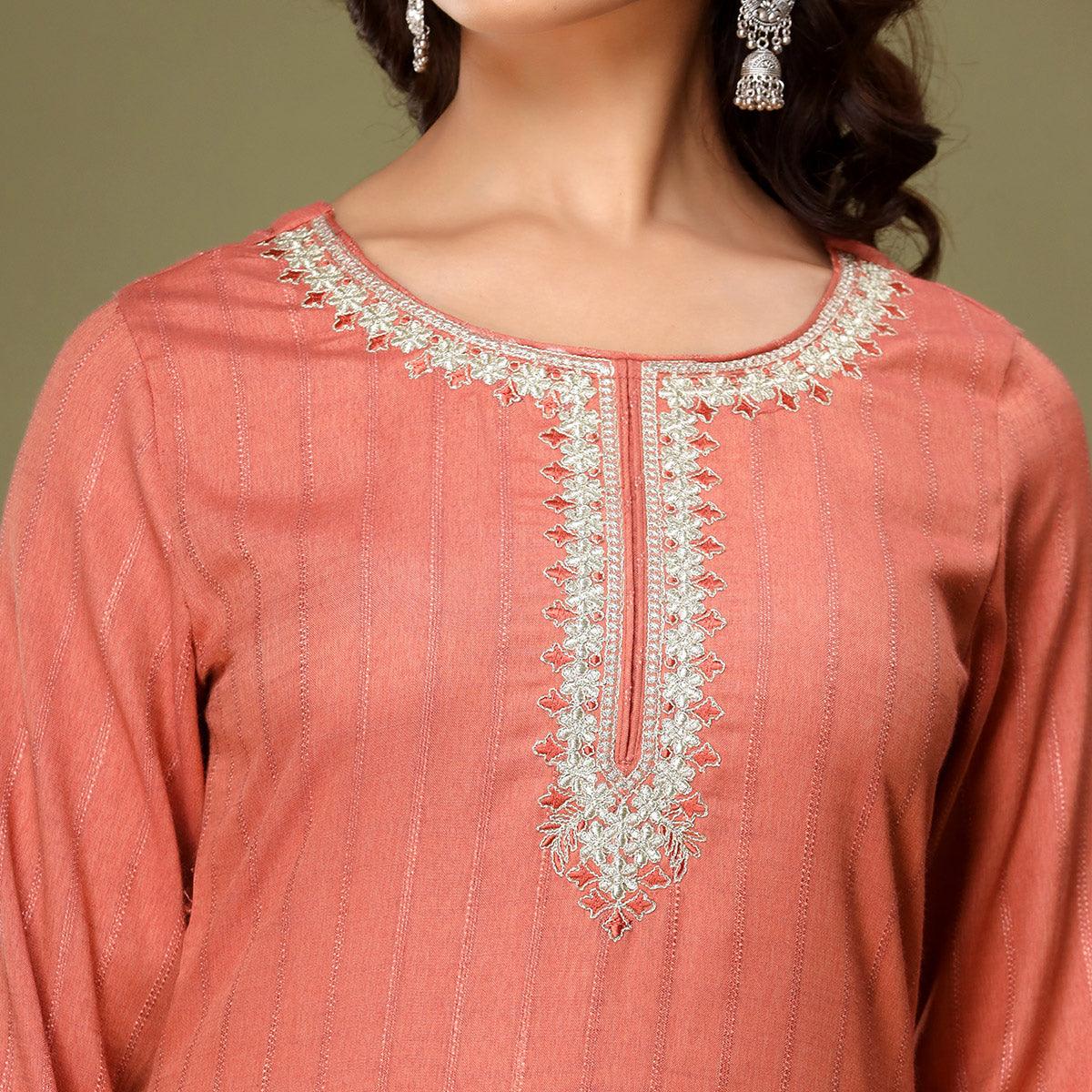 Peach Embroidered Rayon Kurti - Peachmode