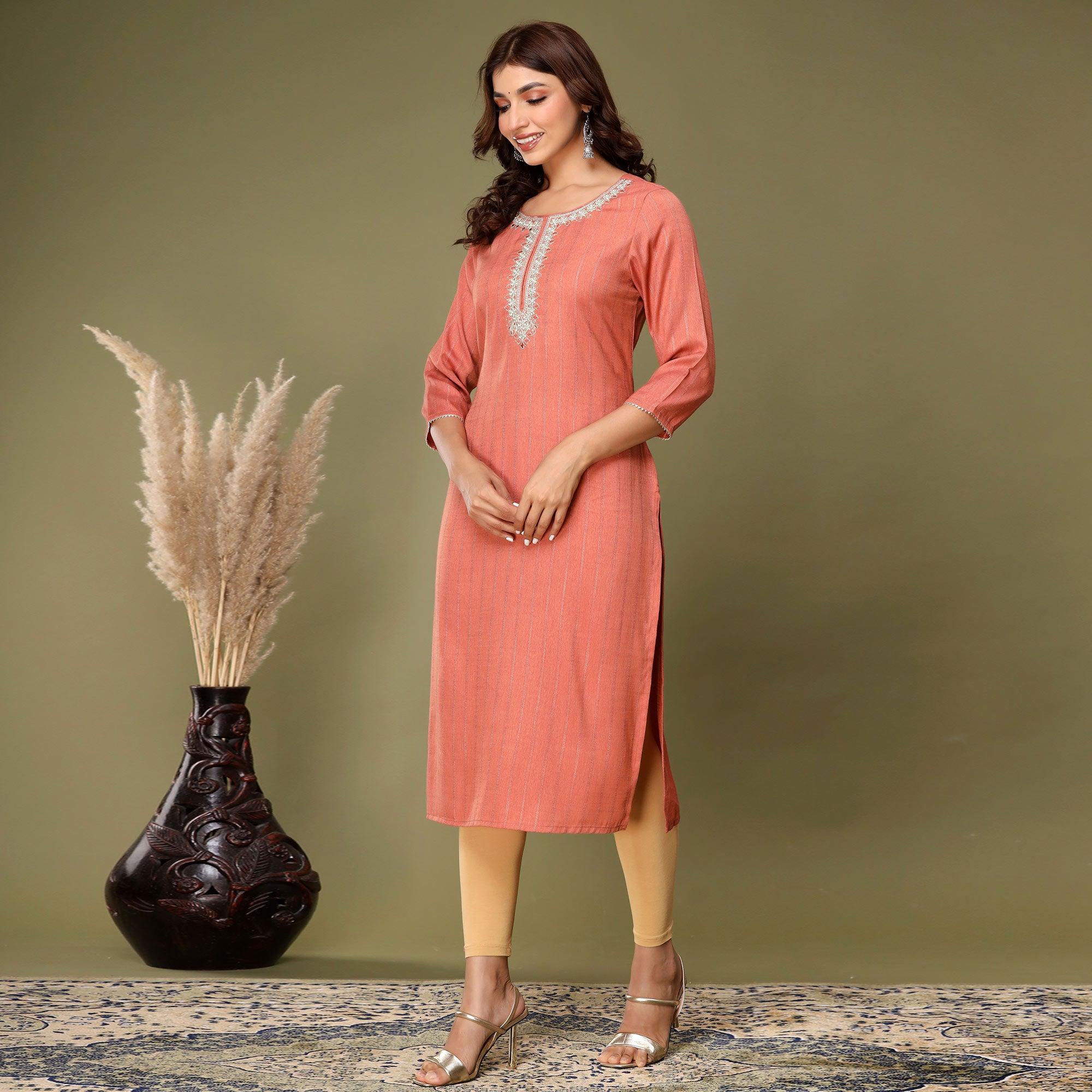 Peach Embroidered Rayon Kurti - Peachmode