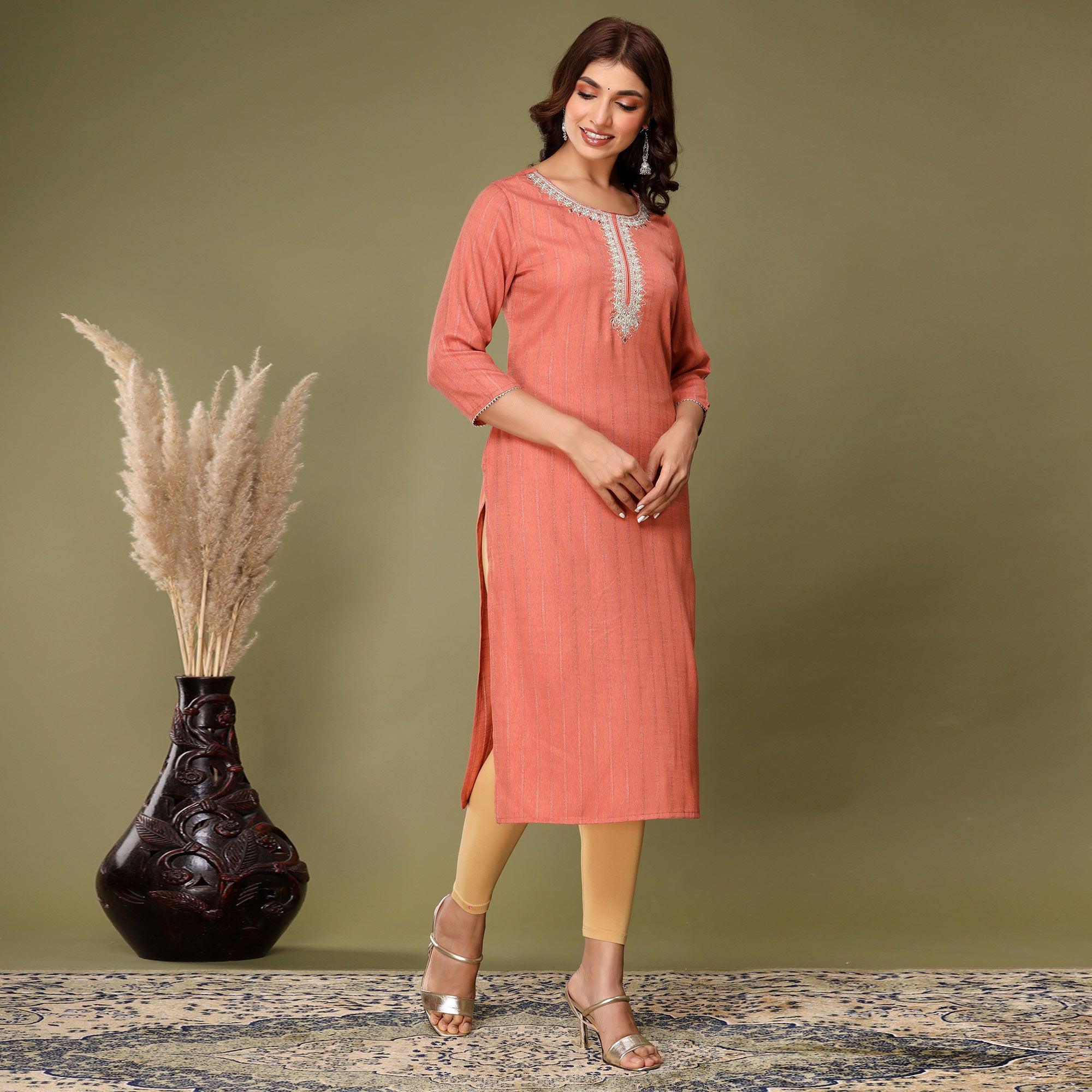 Peach Embroidered Rayon Kurti - Peachmode