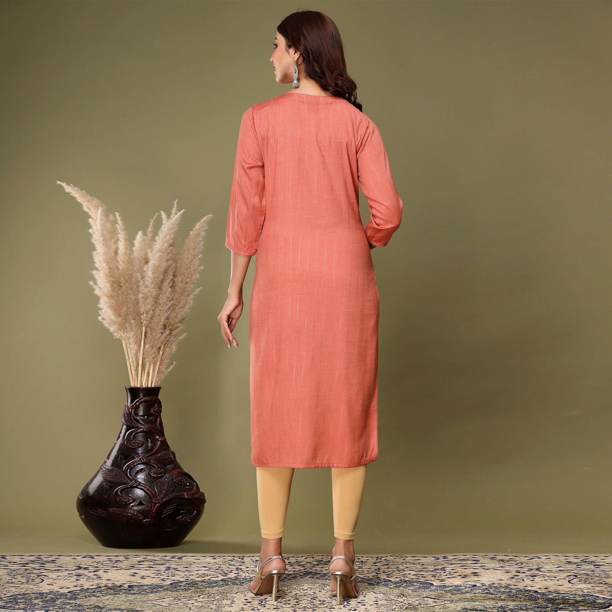 Peach Embroidered Rayon Kurti - Peachmode