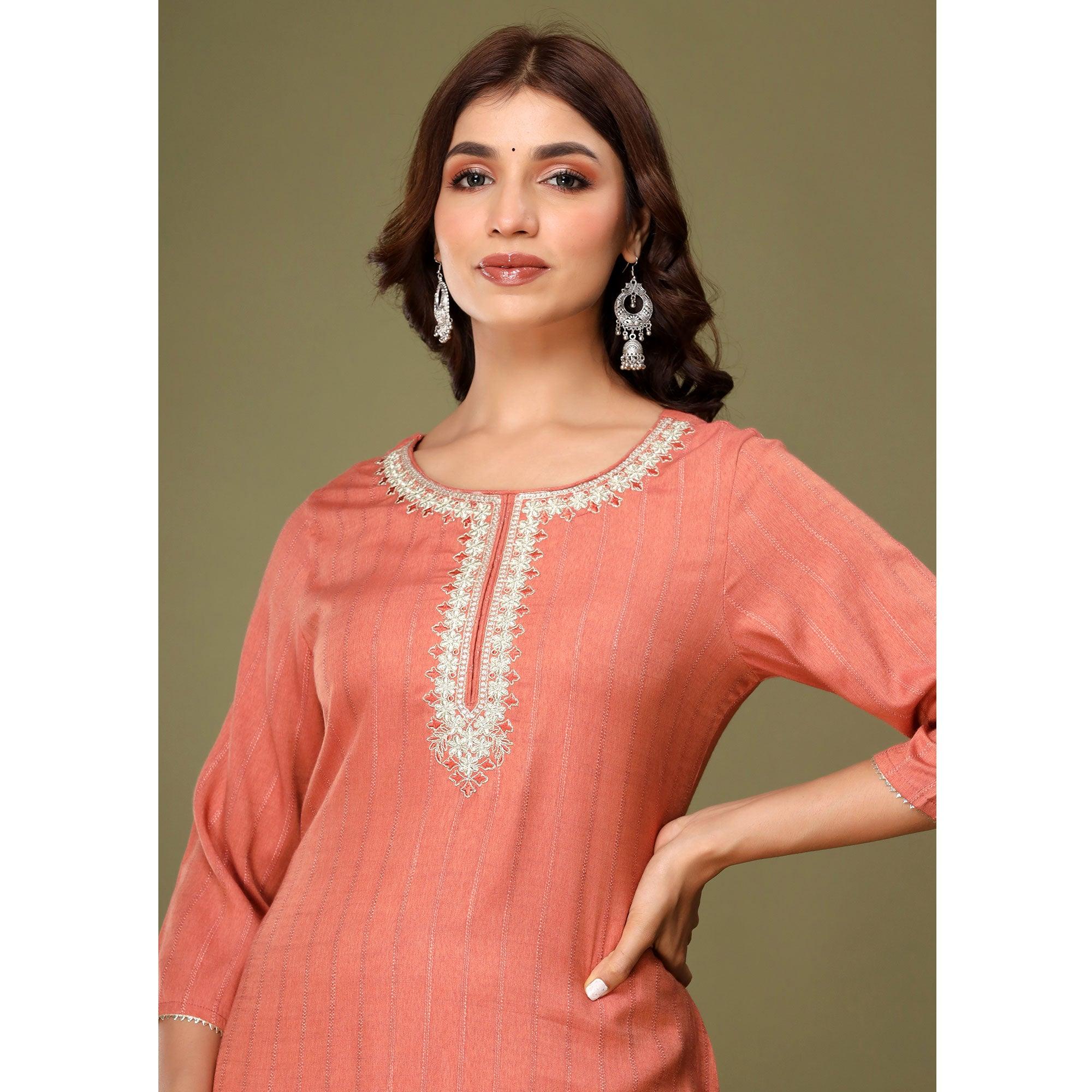 Peach Embroidered Rayon Kurti - Peachmode