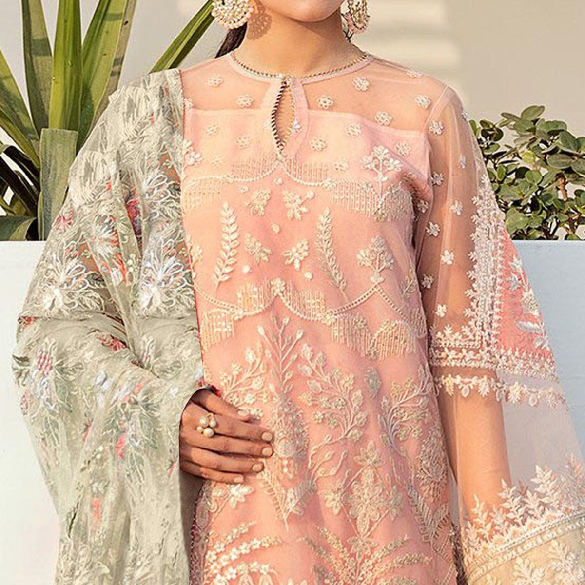 Peach Embroidered With Embellished Georgette Pakistani Suit - Peachmode