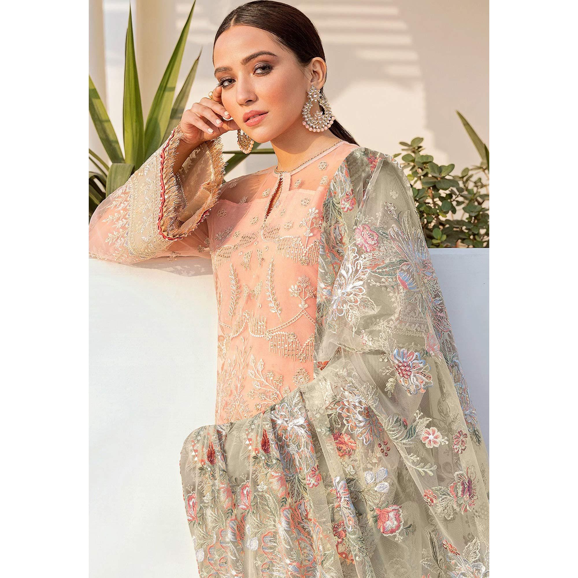 Peach Embroidered With Embellished Georgette Pakistani Suit - Peachmode