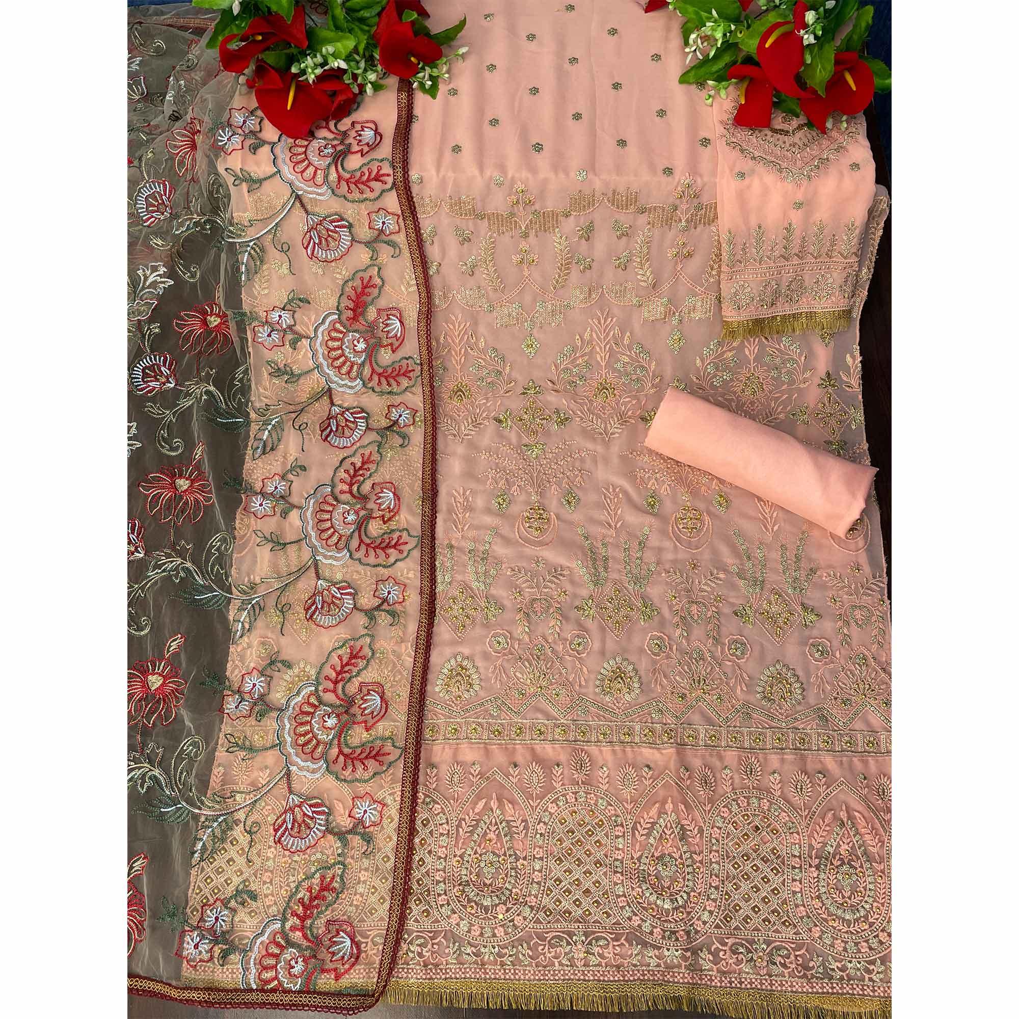 Peach Embroidered With Embellished Georgette Pakistani Suit - Peachmode