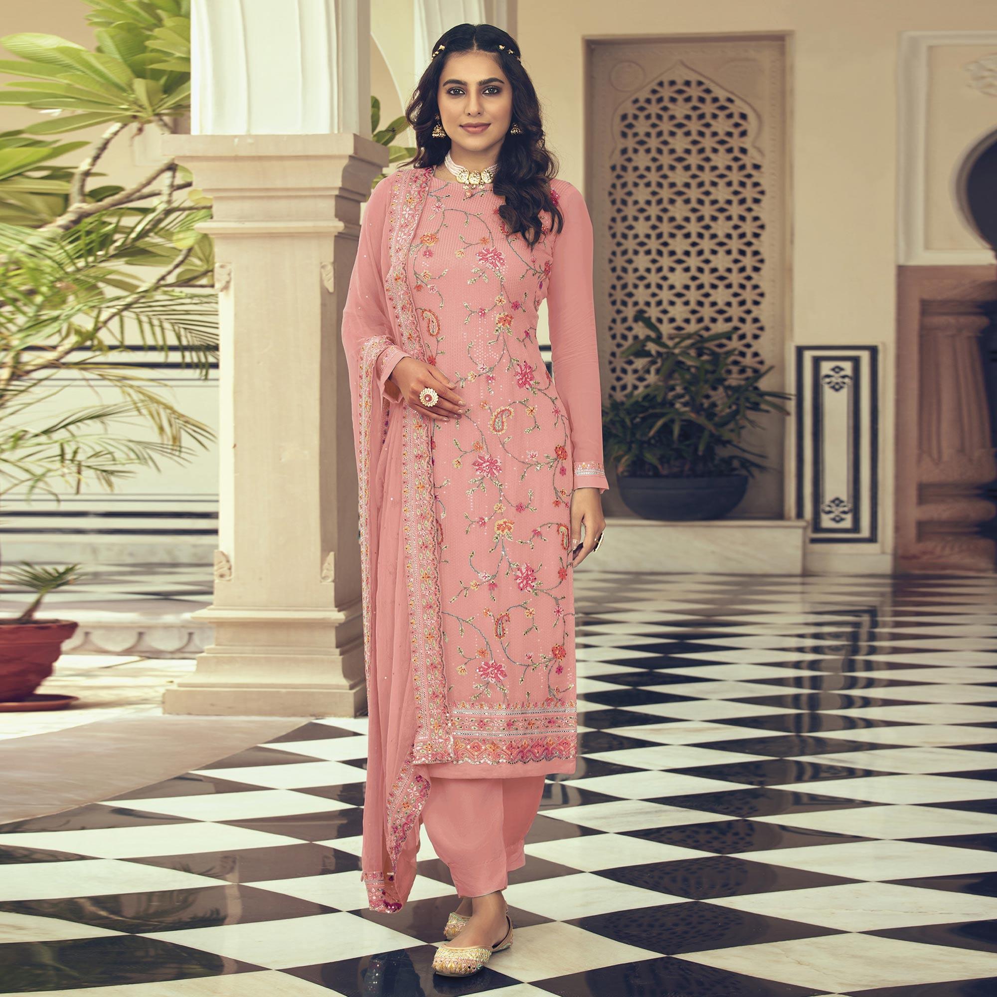 Peach Embroidered With Embellished Georgette Salwar Suit - Peachmode