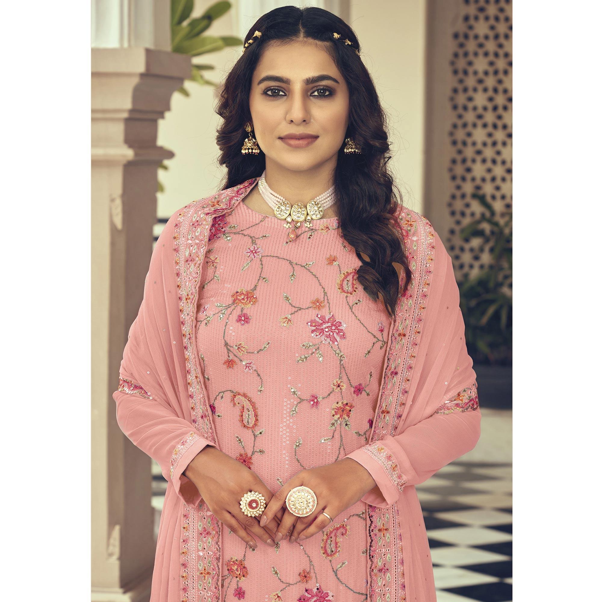 Peach Embroidered With Embellished Georgette Salwar Suit - Peachmode