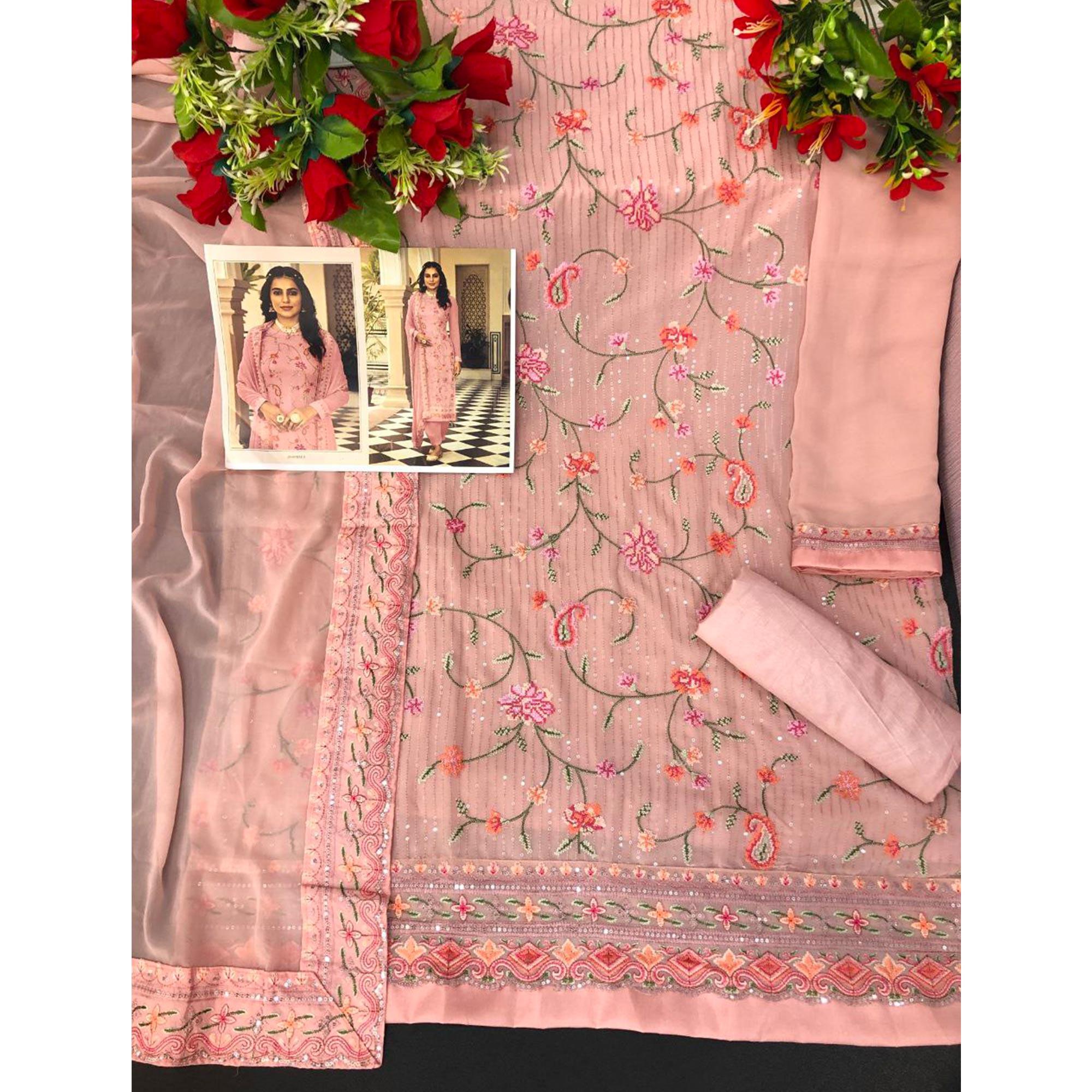 Peach Embroidered With Embellished Georgette Salwar Suit - Peachmode