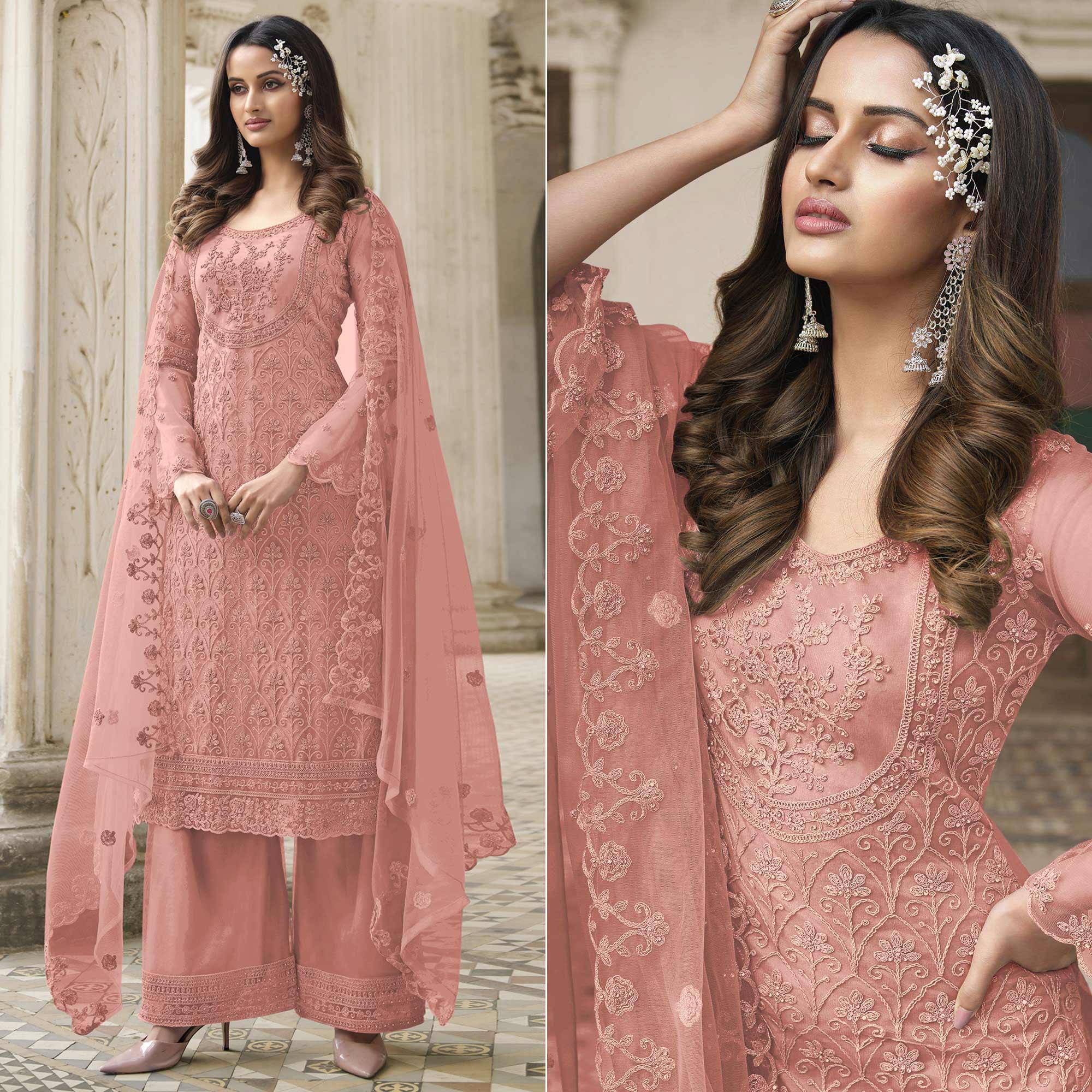 Peach Embroidered With Embellished Net Palazzo Suit - Peachmode