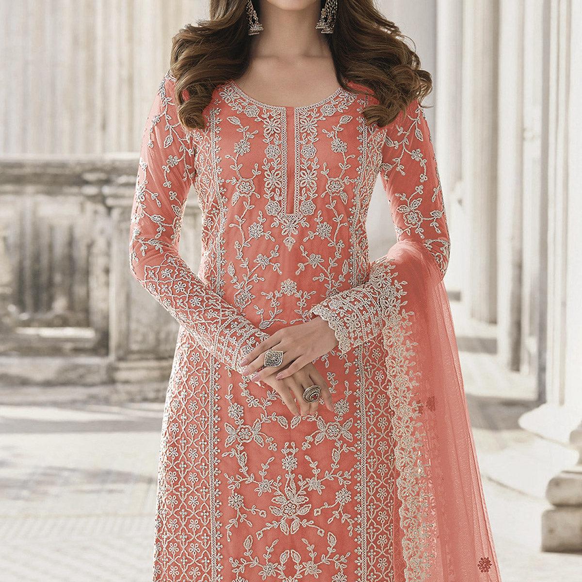 Peach Embroidered With Embellished Net Palazzo Suit - Peachmode